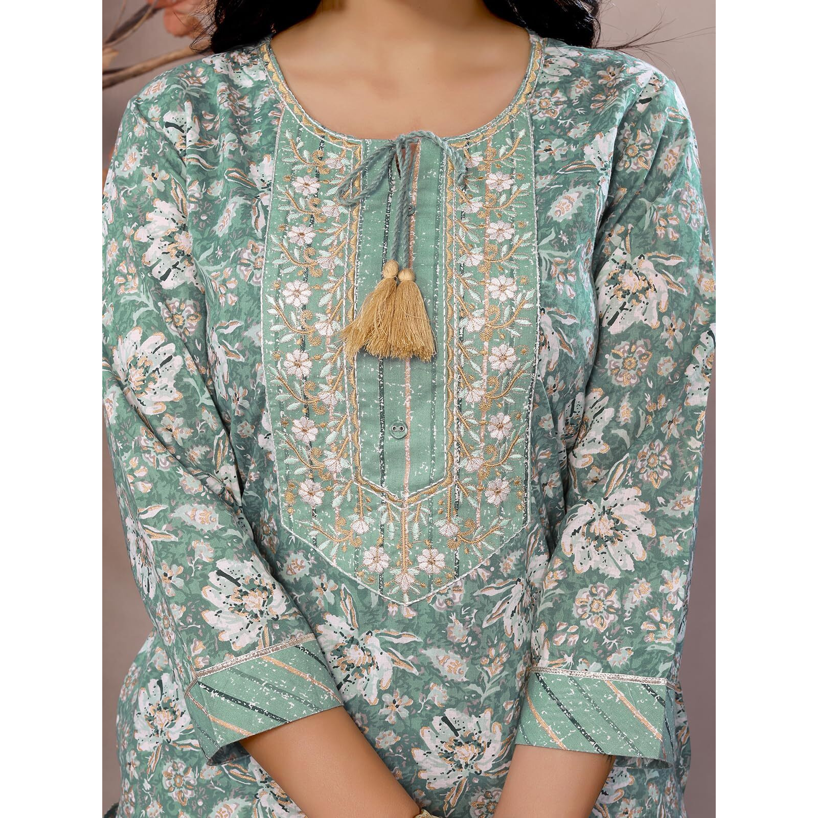 Rangita Green Cotton Calf Length Embroidered Straight Kurti | Kurta For Women_M