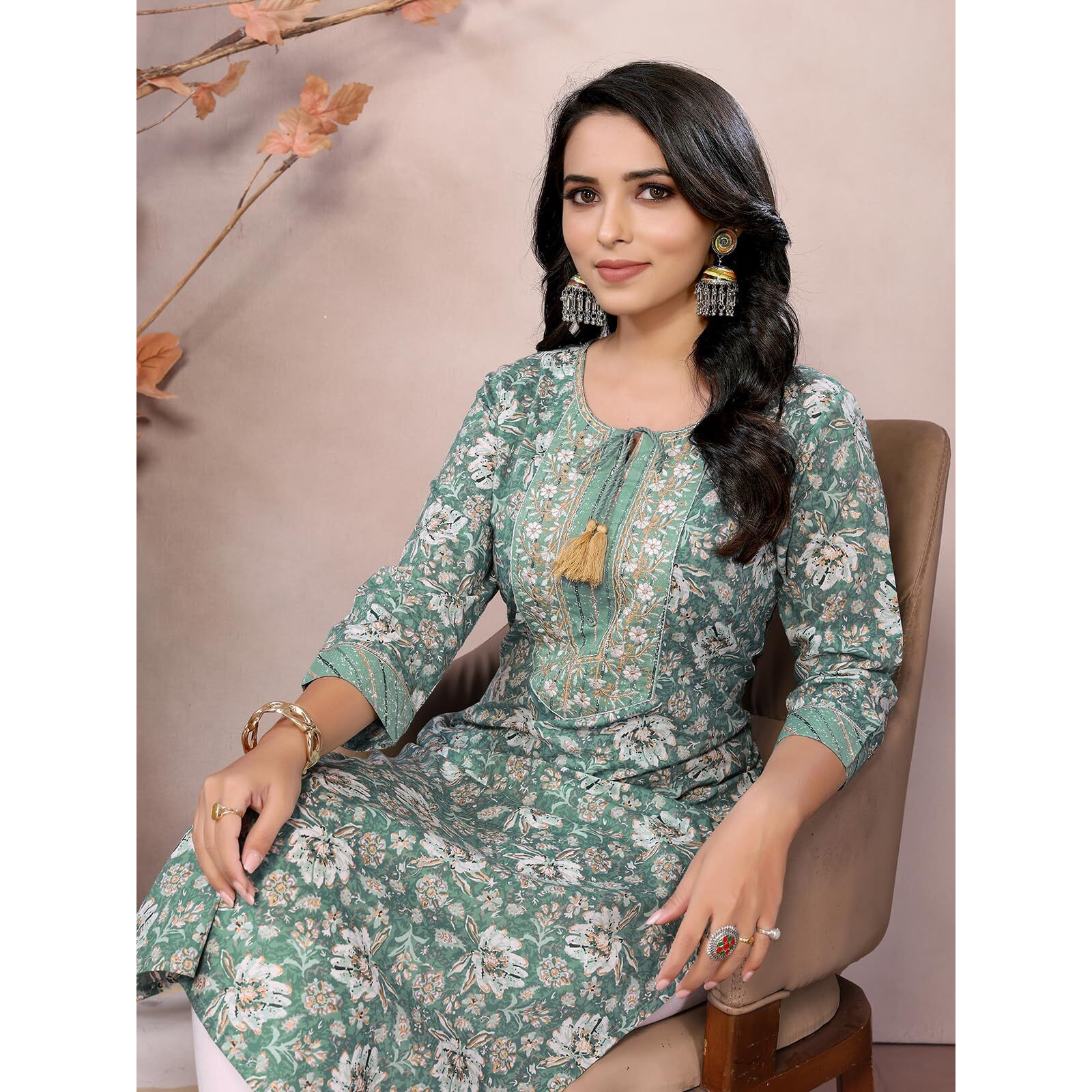 Rangita Green Cotton Calf Length Embroidered Straight Kurti | Kurta For Women_M