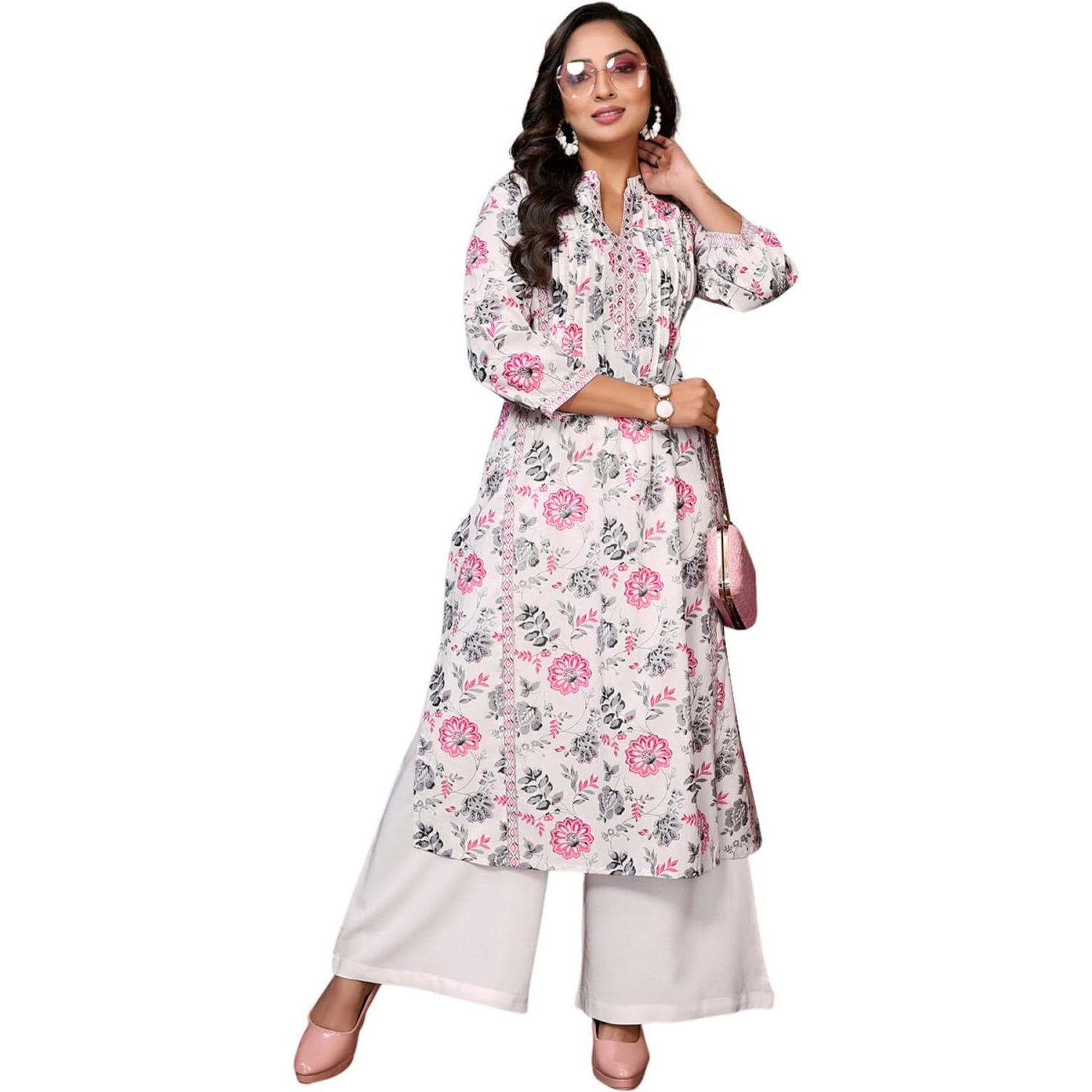Rangita Pink Cotton Calf Length Embroidered A-Line Kurti | Kurta For Women_L
