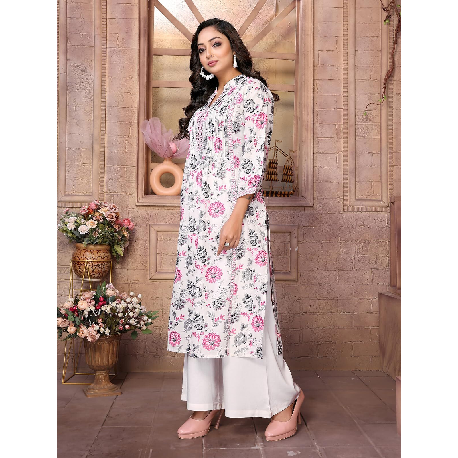 Rangita Pink Cotton Calf Length Embroidered A-Line Kurti | Kurta For Women_L