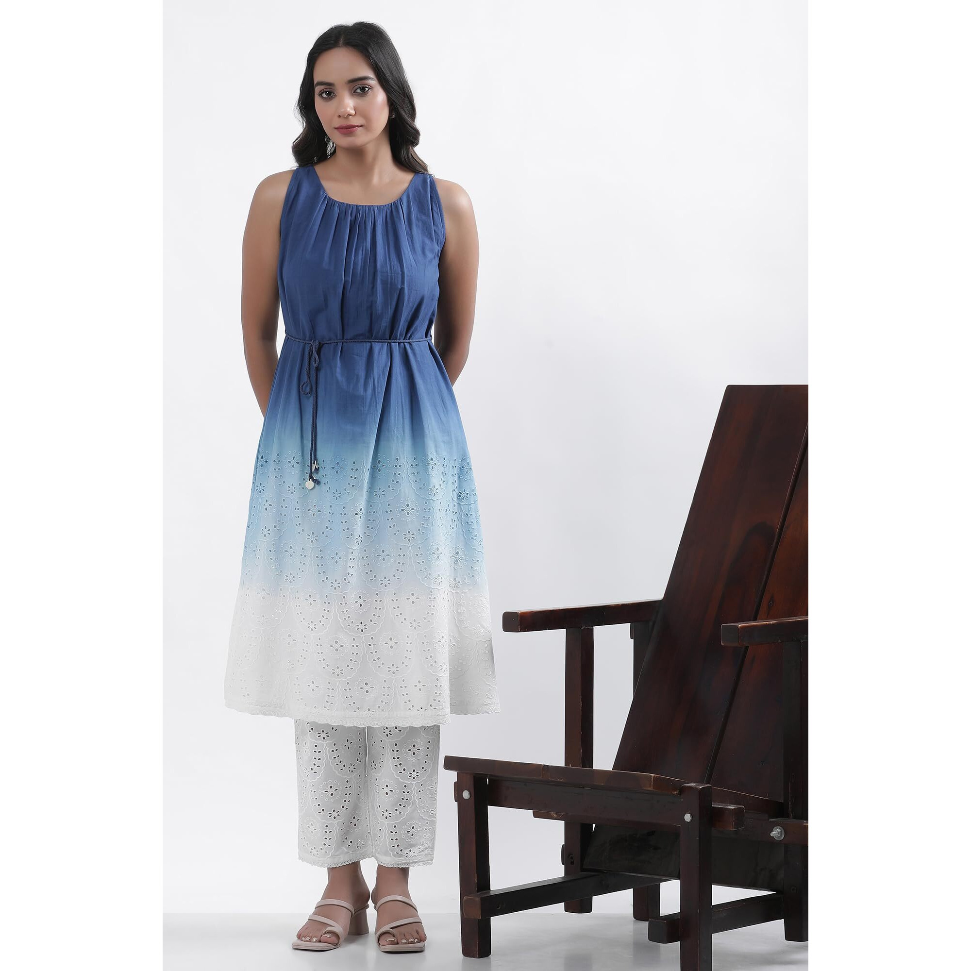 W For Woman Blue Solid Cotton A-Line Kurta Set With Straight Pant_24Fews10513-400389_M