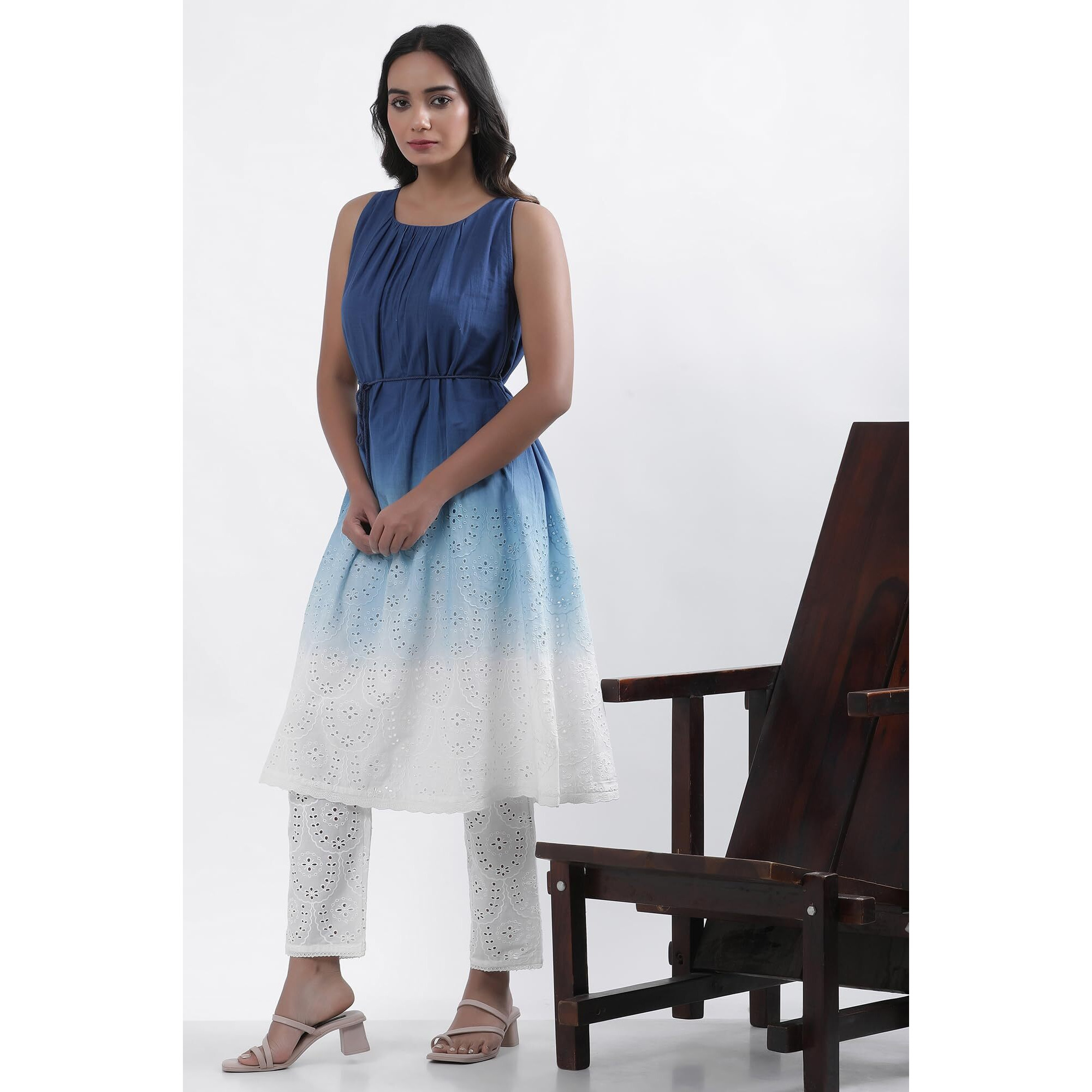 W For Woman Blue Solid Cotton A-Line Kurta Set With Straight Pant_24Fews10513-400389_M
