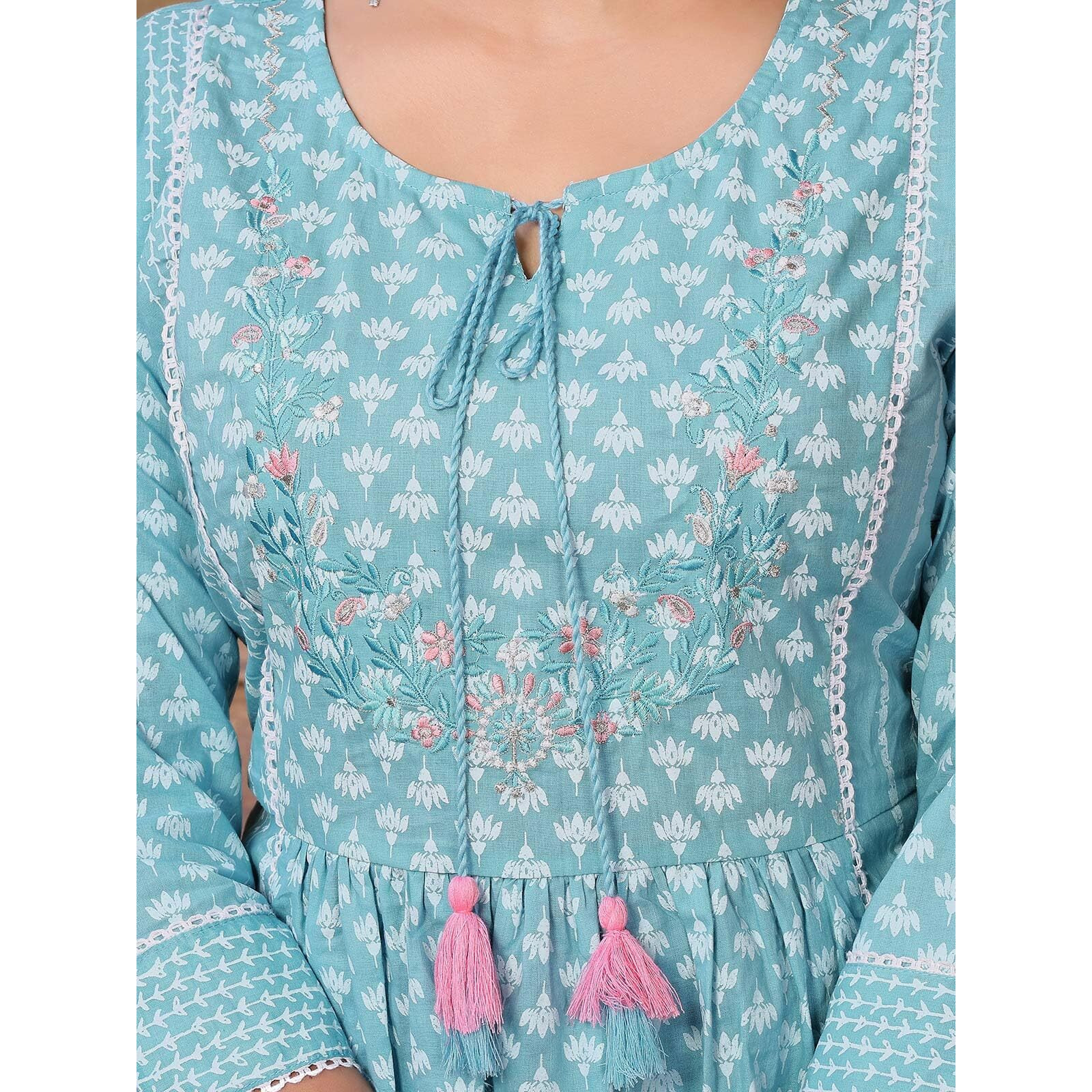 Rangita Blue Cotton Calf Length Embroidered Anarkali Kurti | Kurta For Women_L