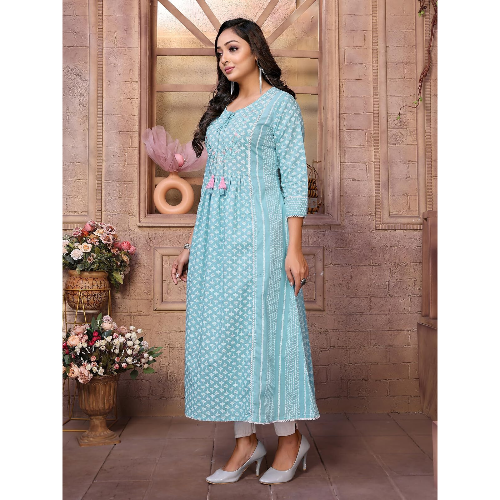 Rangita Blue Cotton Calf Length Embroidered Anarkali Kurti | Kurta For Women_L