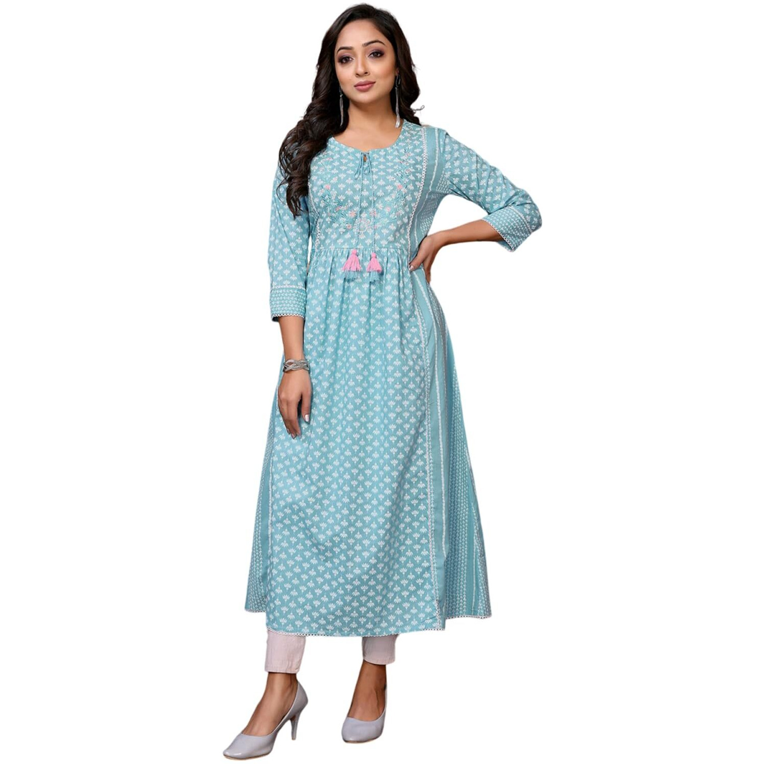 Rangita Blue Cotton Calf Length Embroidered Anarkali Kurti | Kurta For Women_3Xl