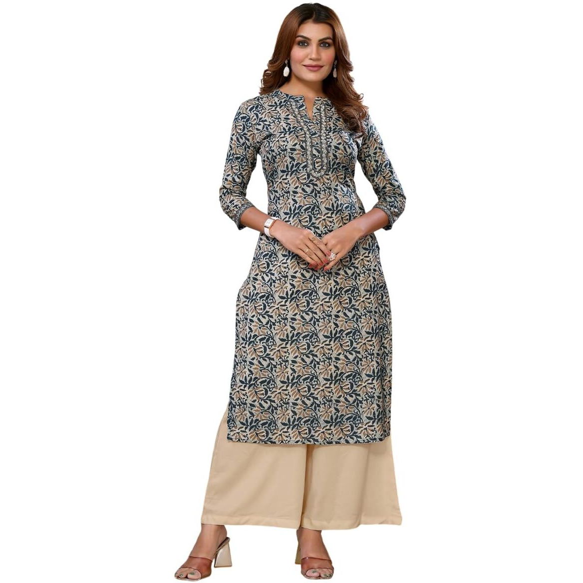 Rangita Teal Cotton Embroidered Calf Length Straight Kurti For Women | Kurta For Women_M