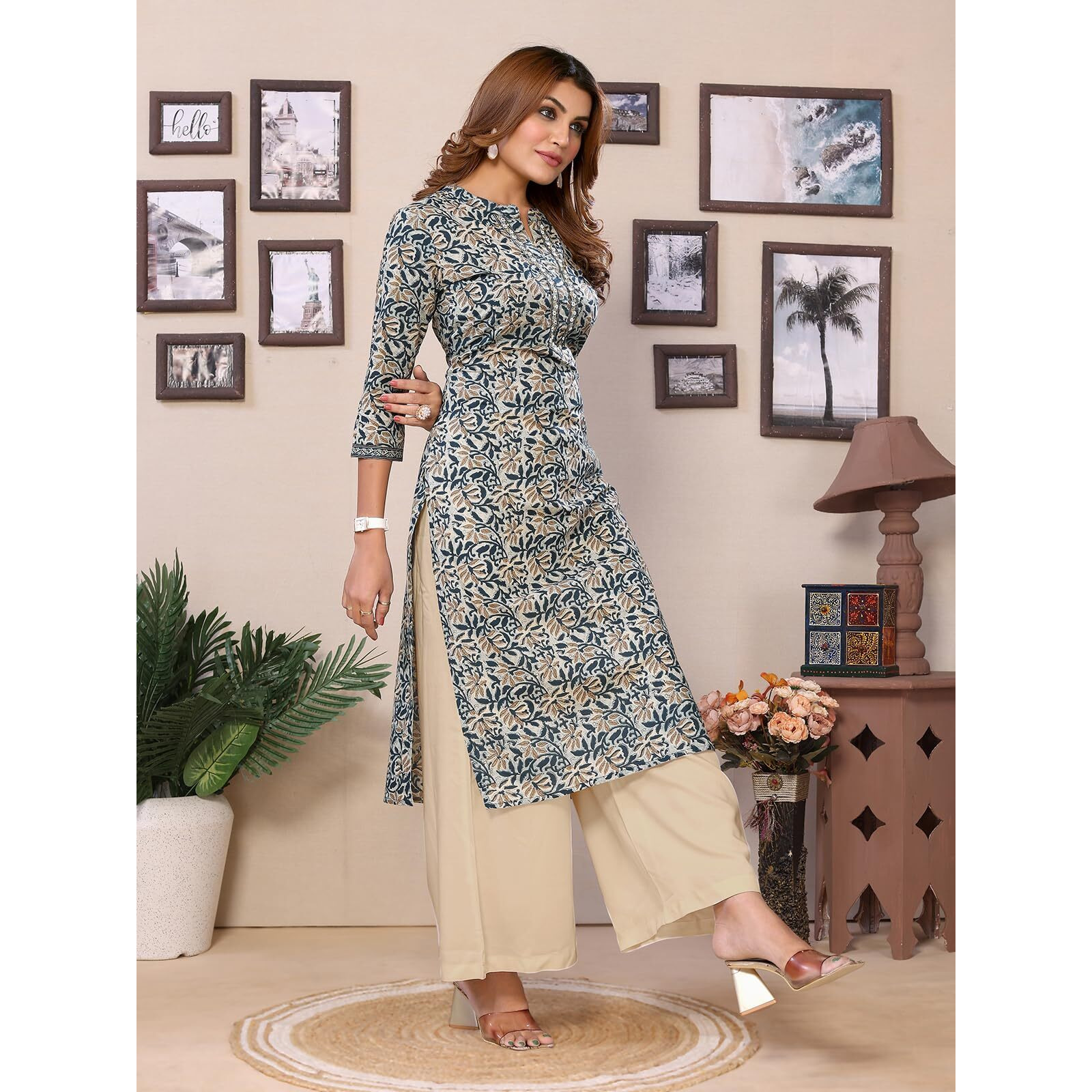 Rangita Teal Cotton Embroidered Calf Length Straight Kurti For Women | Kurta For Women_M