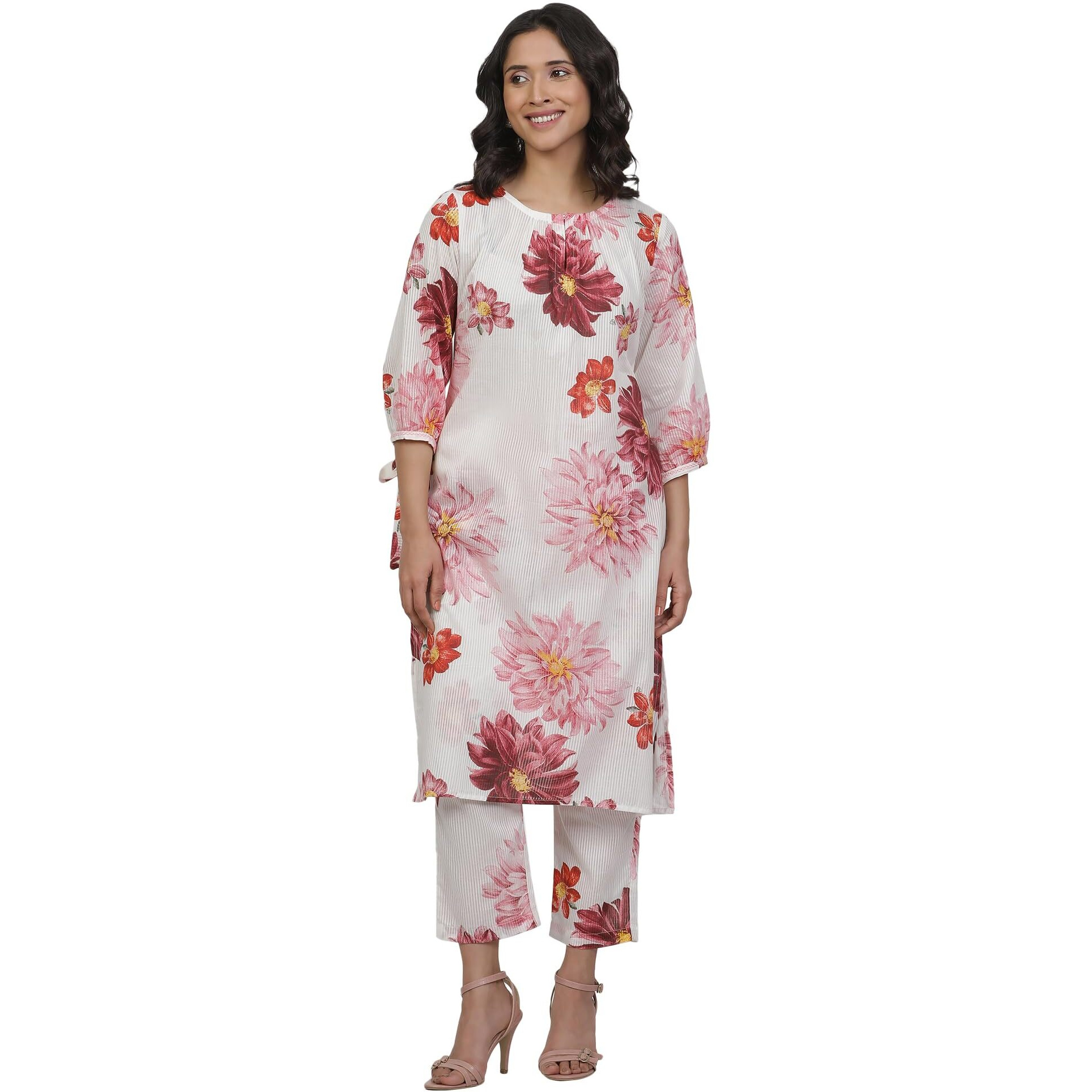 W For Woman White Floral Print Cotton A-Line Co-Ord Kurta Set With Straight Pant_24Fews11252-123564_Xl