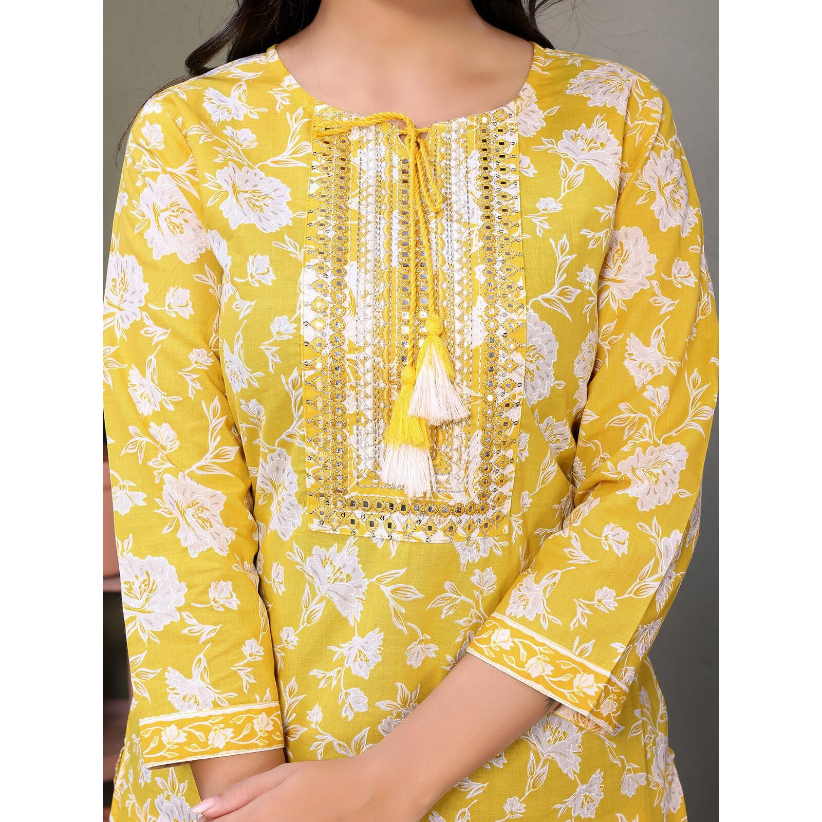 Rangita Yellow Cotton Calf Length Embroidered Straight Kurti | Kurta For Women_M