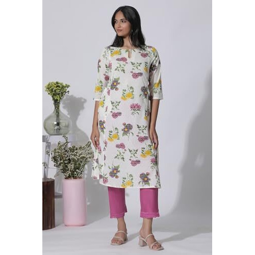 W For Woman White Floral Printed A-Line Textured Cotton Kurta (Size S)-24Few11263-123574