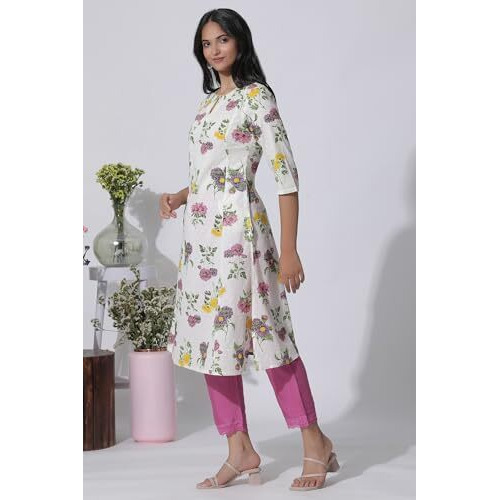 W For Woman White Floral Printed A-Line Textured Cotton Kurta (Size S)-24Few11263-123574