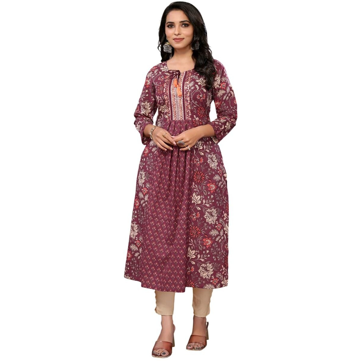 Rangita Maroon Cotton Calf Length Embroidered A-Line Kurti | Kurta For Women_3Xl