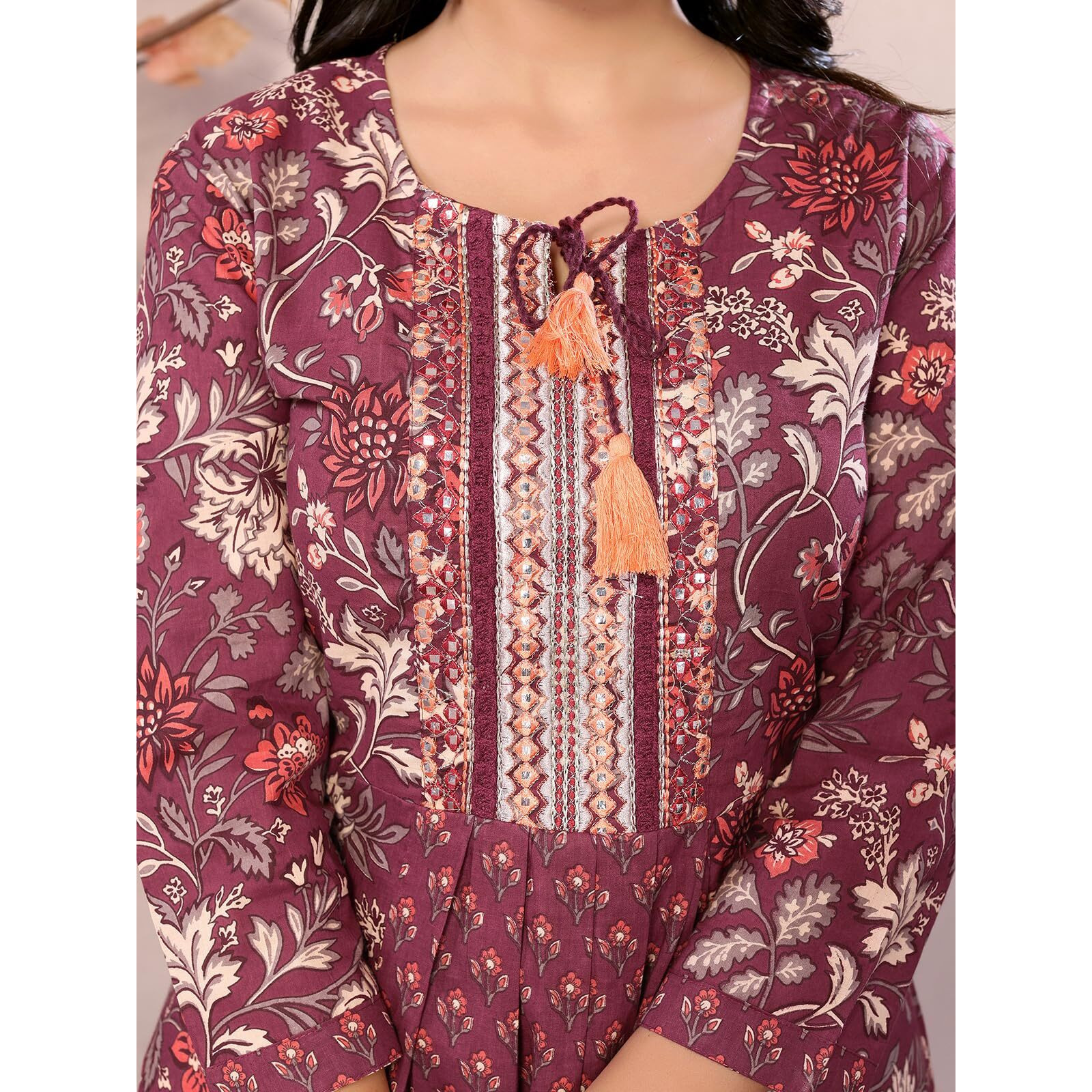 Rangita Maroon Cotton Calf Length Embroidered A-Line Kurti | Kurta For Women_3Xl