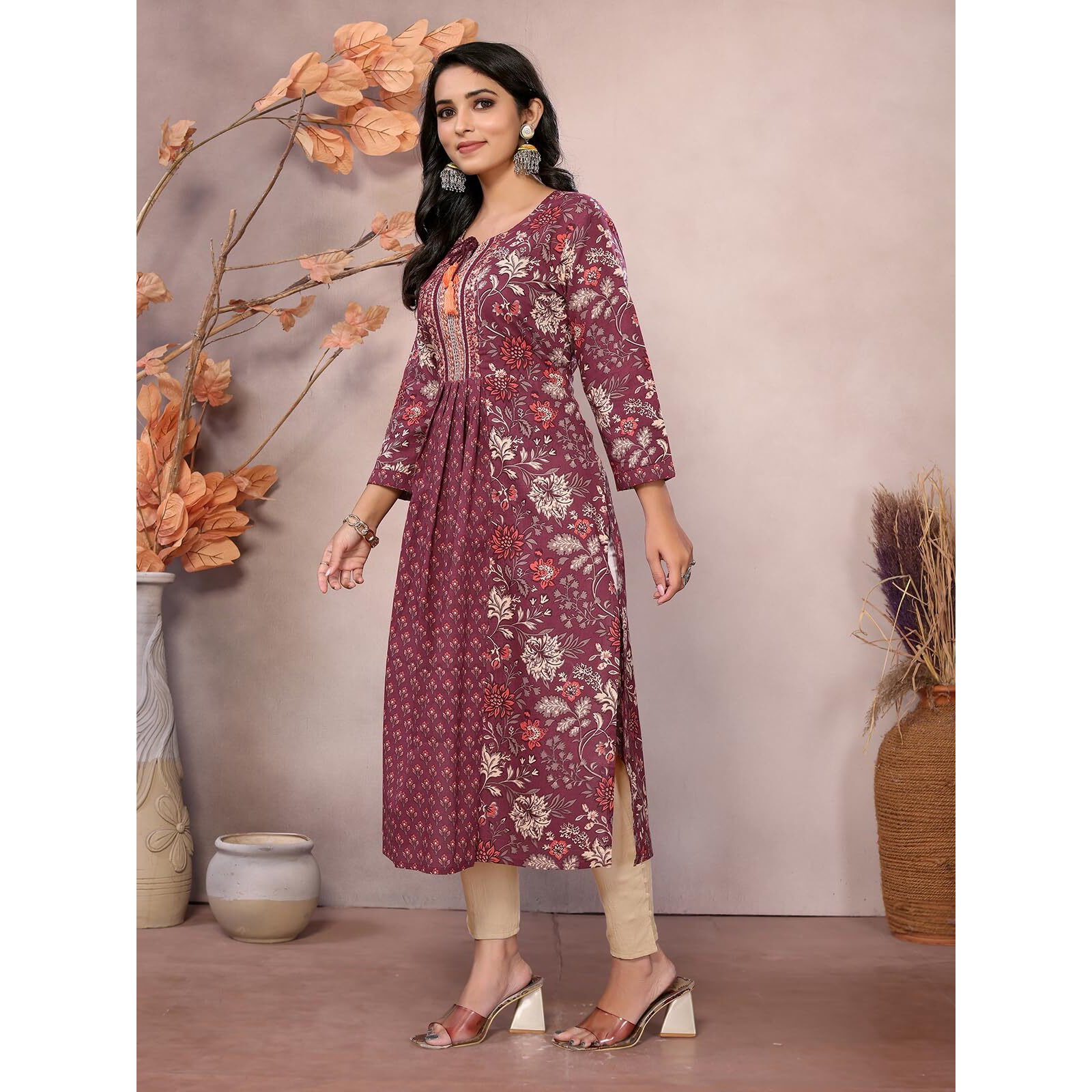 Rangita Maroon Cotton Calf Length Embroidered A-Line Kurti | Kurta For Women_3Xl