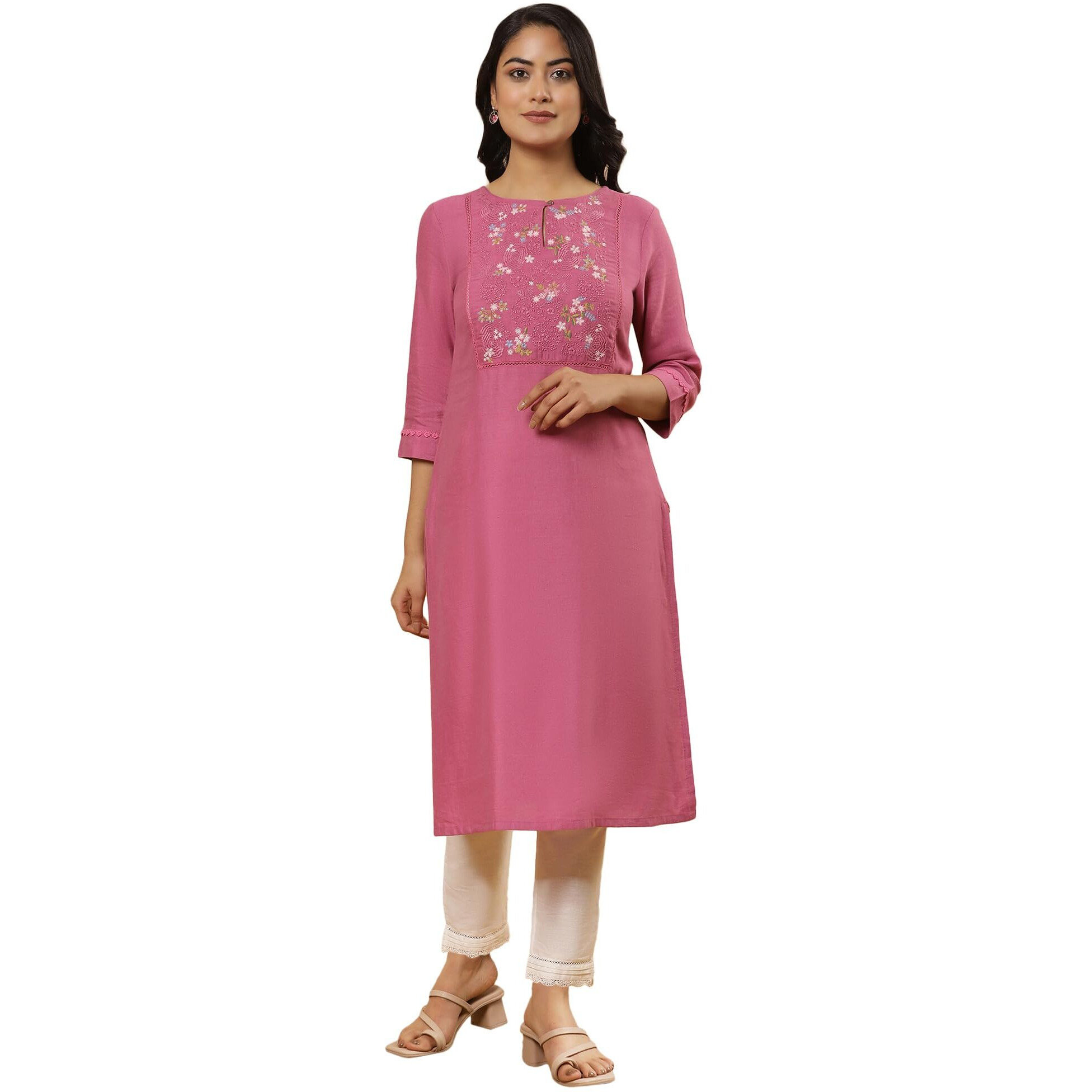 W For Woman Pink Solid Rayon A-Line Kurta_24Few11005-221854_M