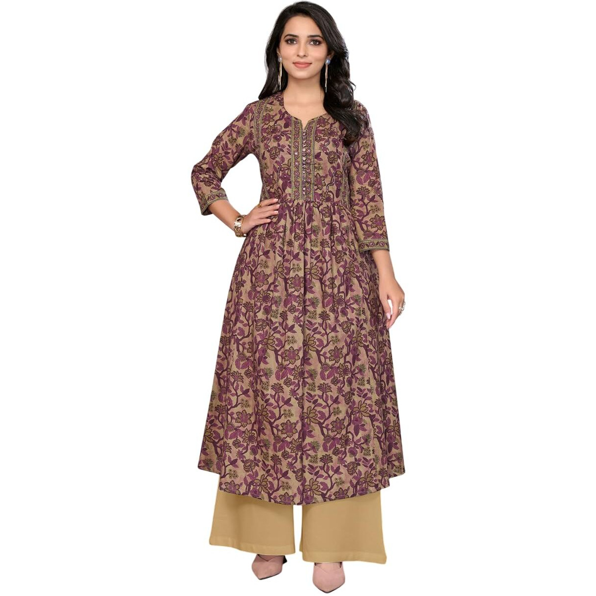 Rangita Wine Cotton Calf Length Embroidered Anarkali Kurti | Kurta For Women_S