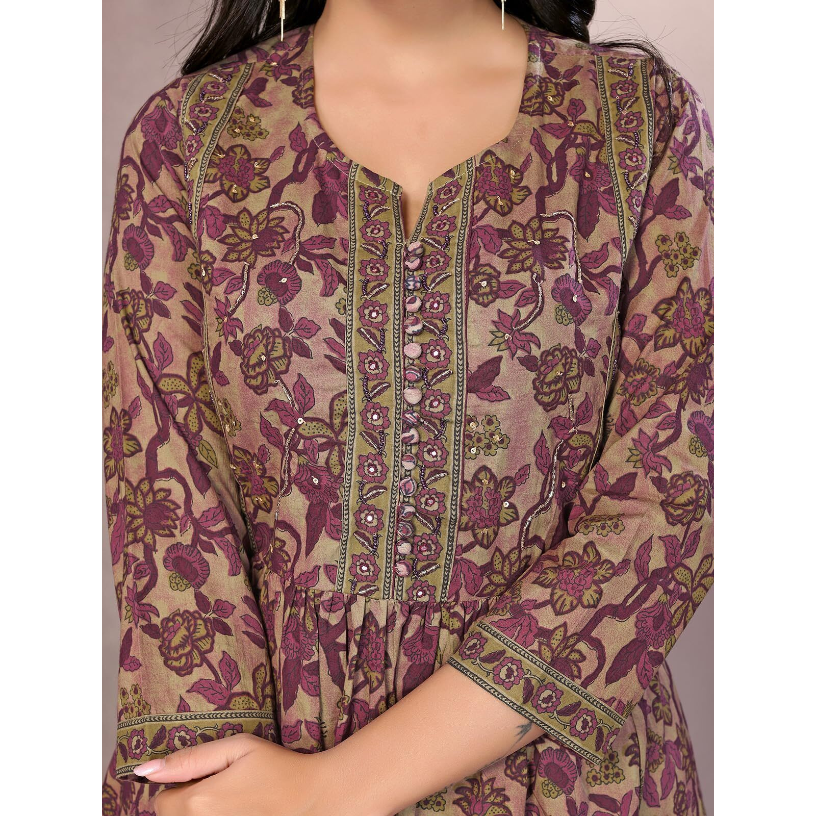 Rangita Wine Cotton Calf Length Embroidered Anarkali Kurti | Kurta For Women_S