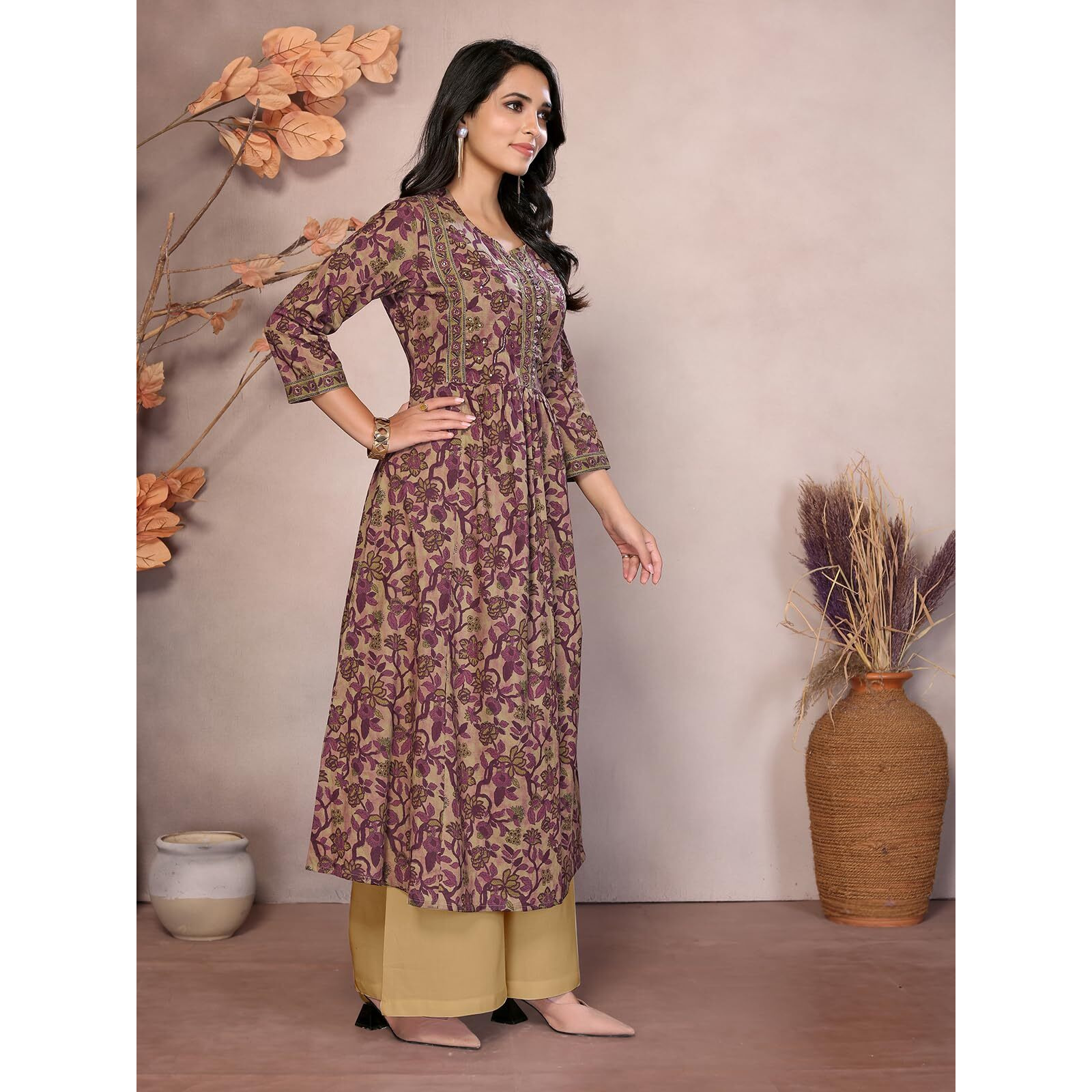 Rangita Wine Cotton Calf Length Embroidered Anarkali Kurti | Kurta For Women_S