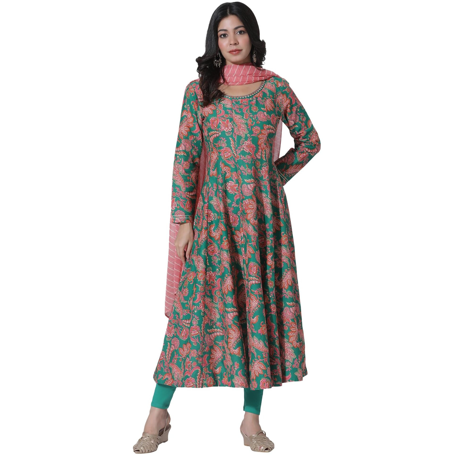 W For Woman Green Floral Printed Anarkali Kurta, Tights And Dupatta Set_24Fews11012-124129_S