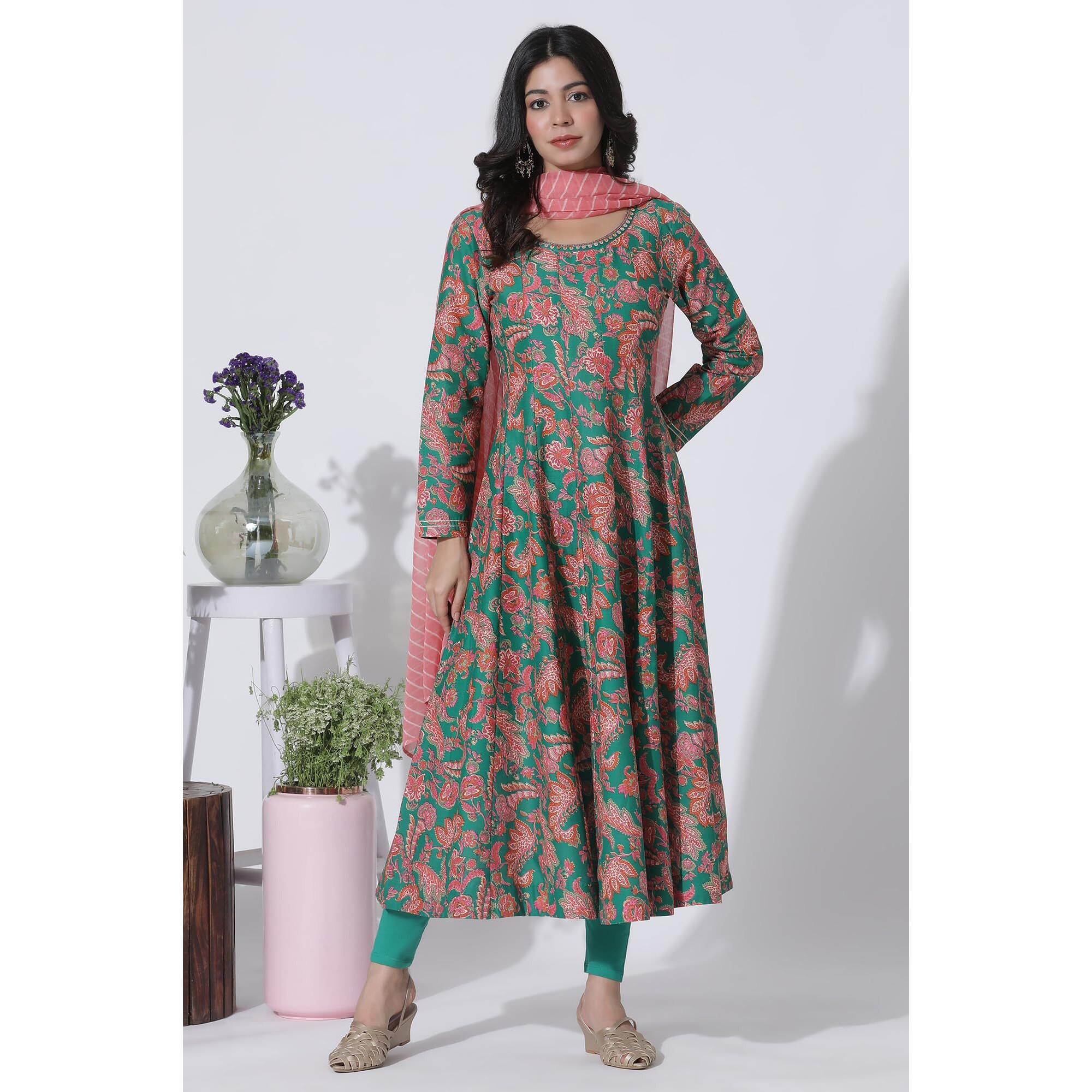 W For Woman Green Floral Printed Anarkali Kurta, Tights And Dupatta Set_24Fews11012-124129_S
