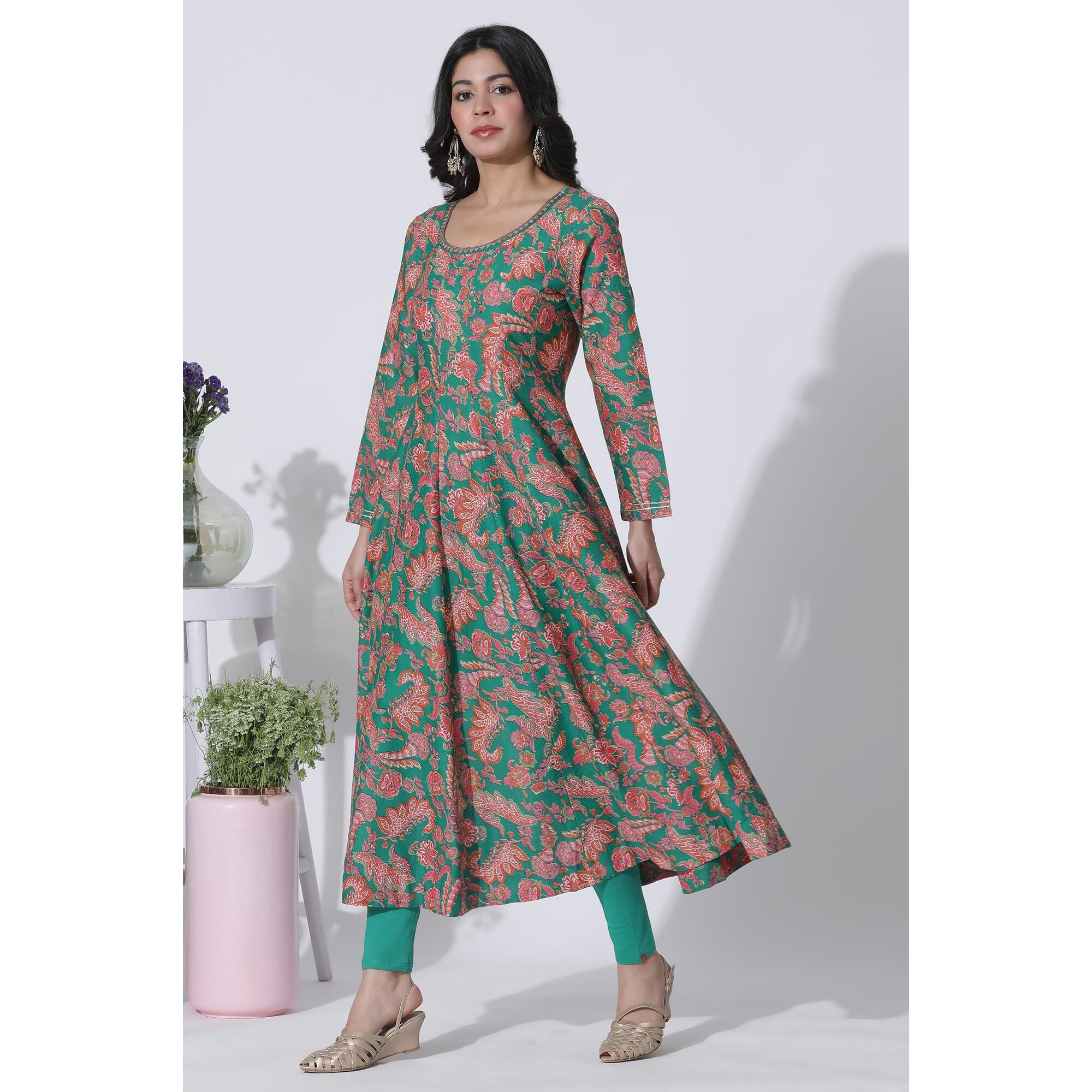 W For Woman Green Floral Printed Anarkali Kurta, Tights And Dupatta Set_24Fews11012-124129_S