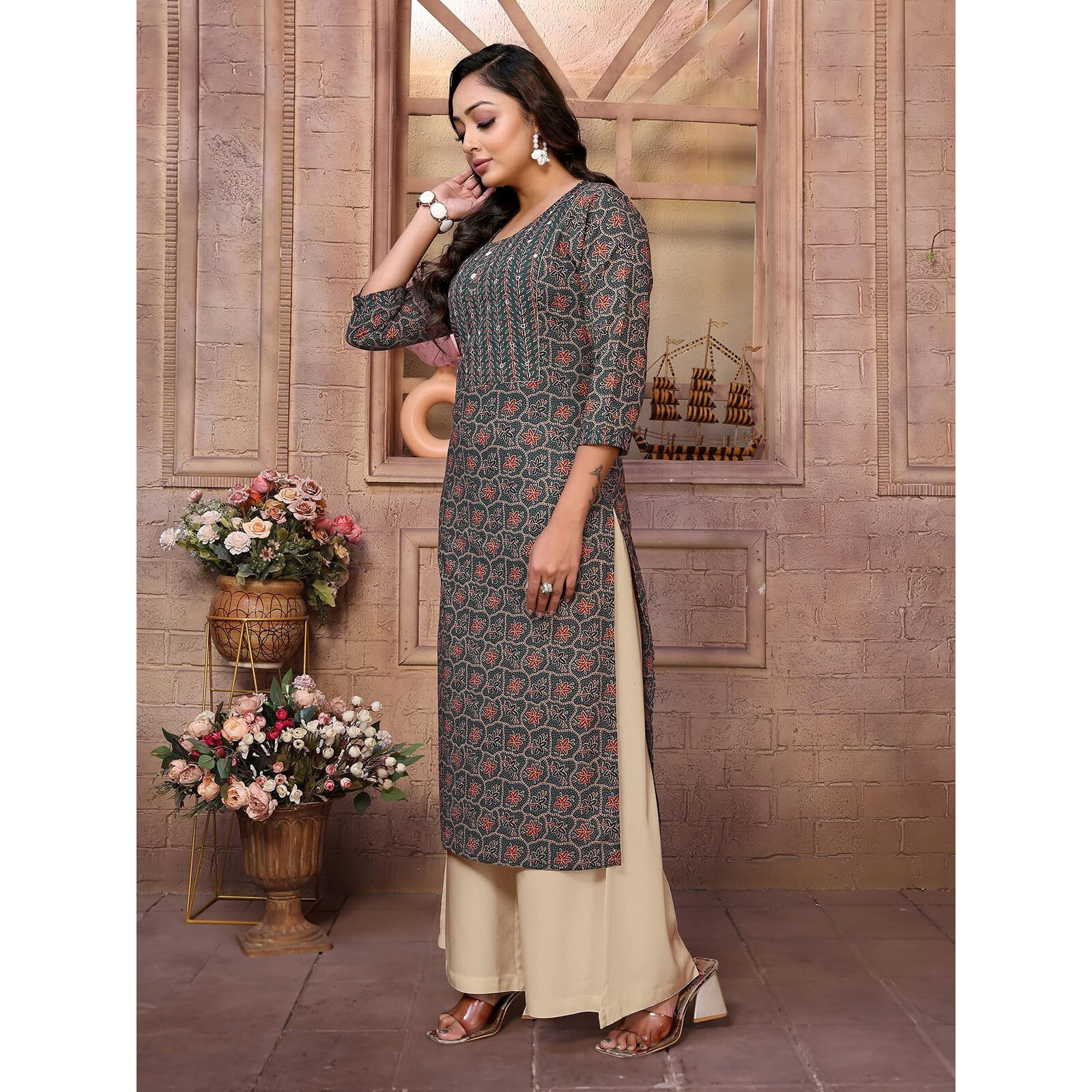 Rangita Green Cotton Calf Length Embroidered Straight Kurti | Kurta For Women_L