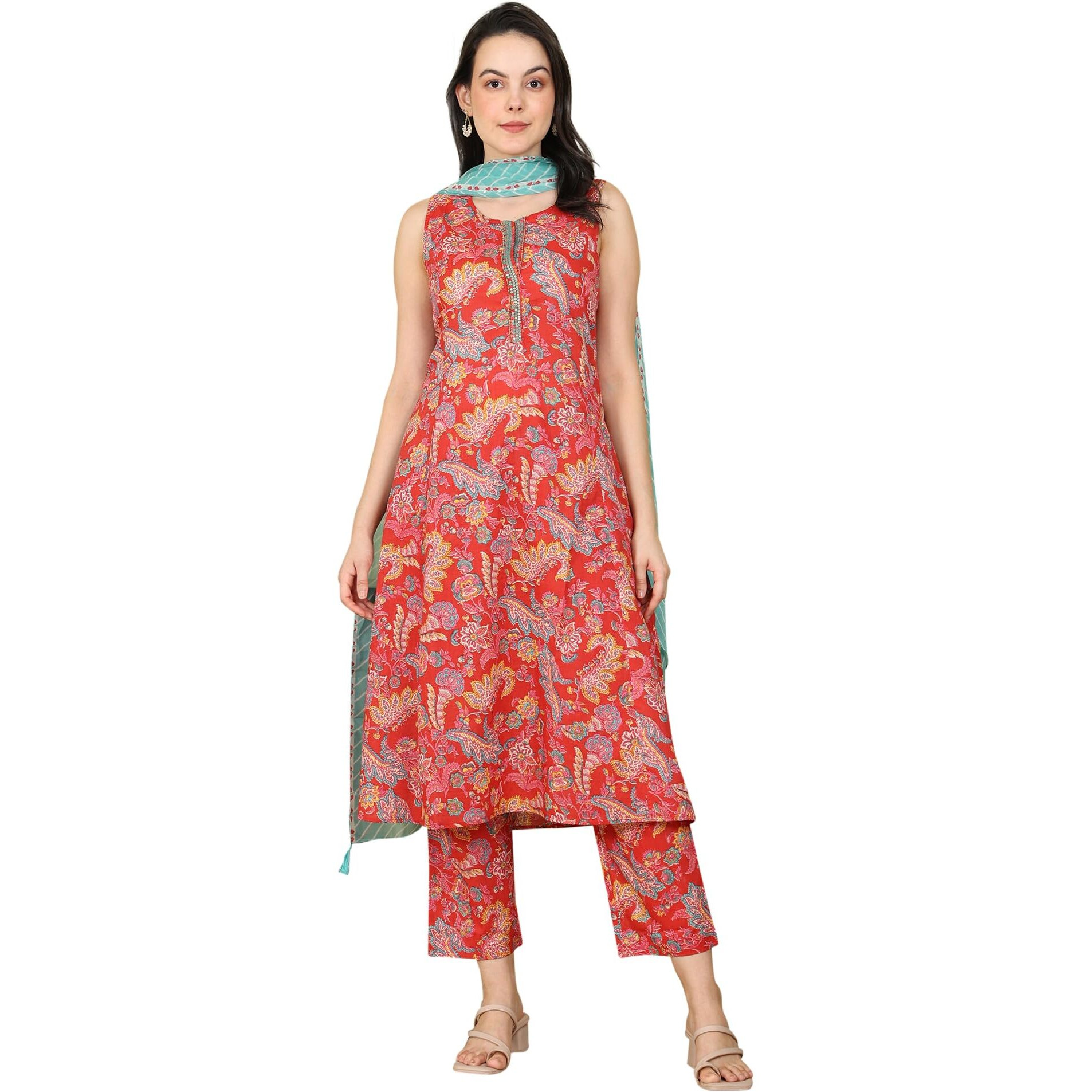 W For Woman Red Floral Printed Sequined Pure Cotton A-Line Kurta, Straight Pants And Teal Printed Dupatta_24Fews11014-124128_2Xl