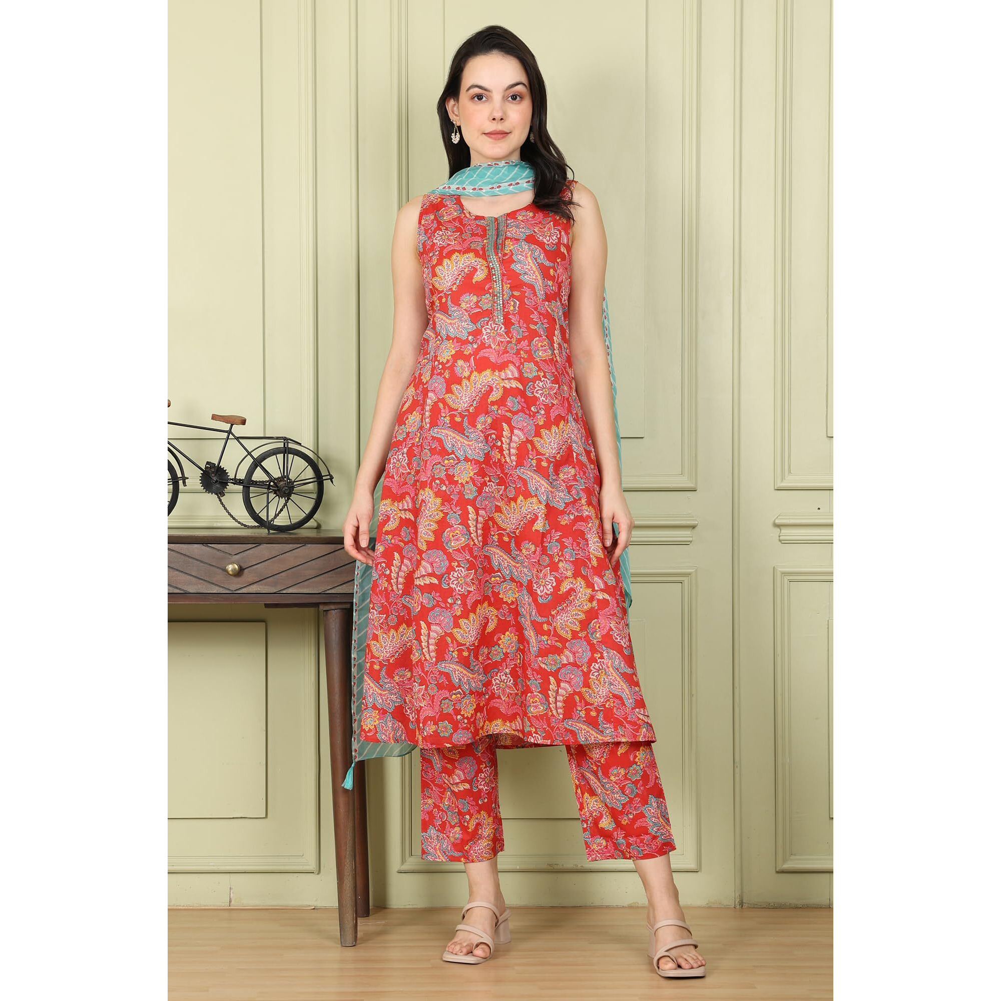 W For Woman Red Floral Printed Sequined Pure Cotton A-Line Kurta, Straight Pants And Teal Printed Dupatta_24Fews11014-124128_2Xl