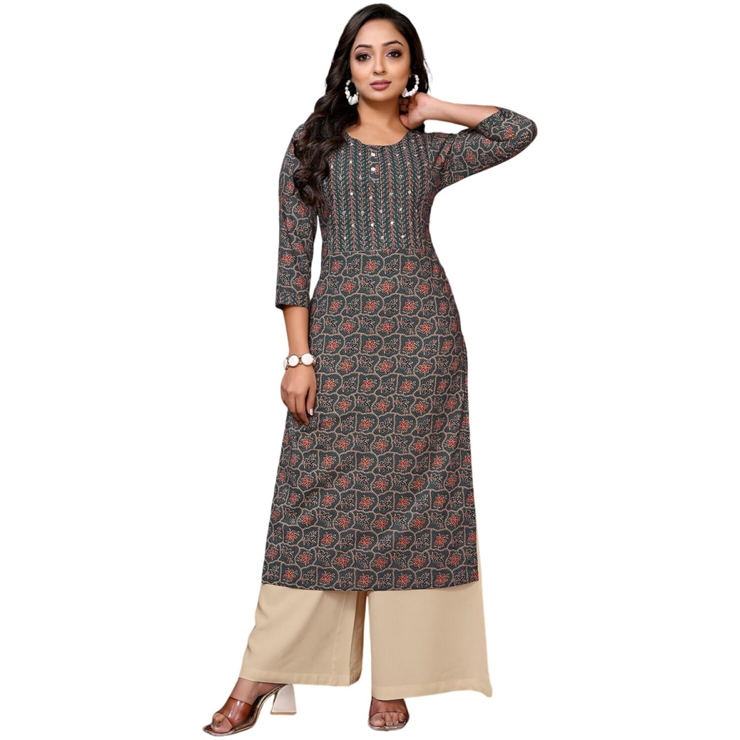 Rangita Green Cotton Calf Length Embroidered Straight Kurti | Kurta For Women_2Xl