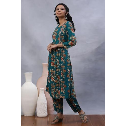 W For Woman W Women Green Floral Print Viscose Co-Ord Kurta Set & Straight Pant_24Fews11017-124124_M