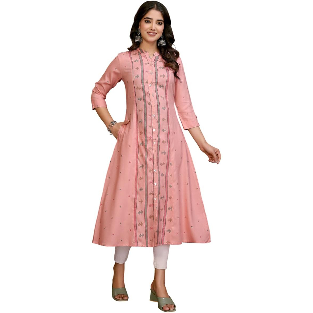 Rangita Pink Rayon Calf Length Printed A-Line Kurti | Kurta For Women_S