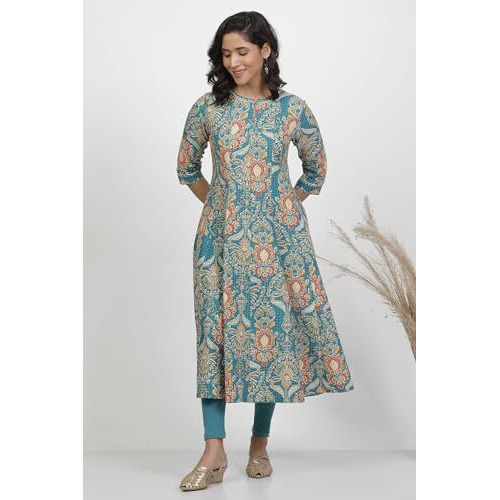 W For Woman Blue Floral Print Cotton A-Line Kurta_24Few11013-124126_L