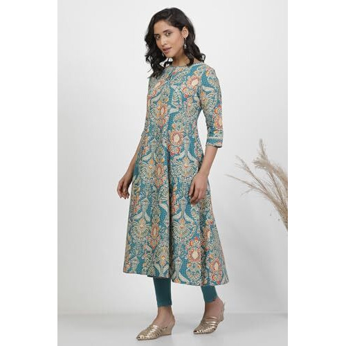 W For Woman Blue Floral Print Cotton A-Line Kurta_24Few11013-124126_L