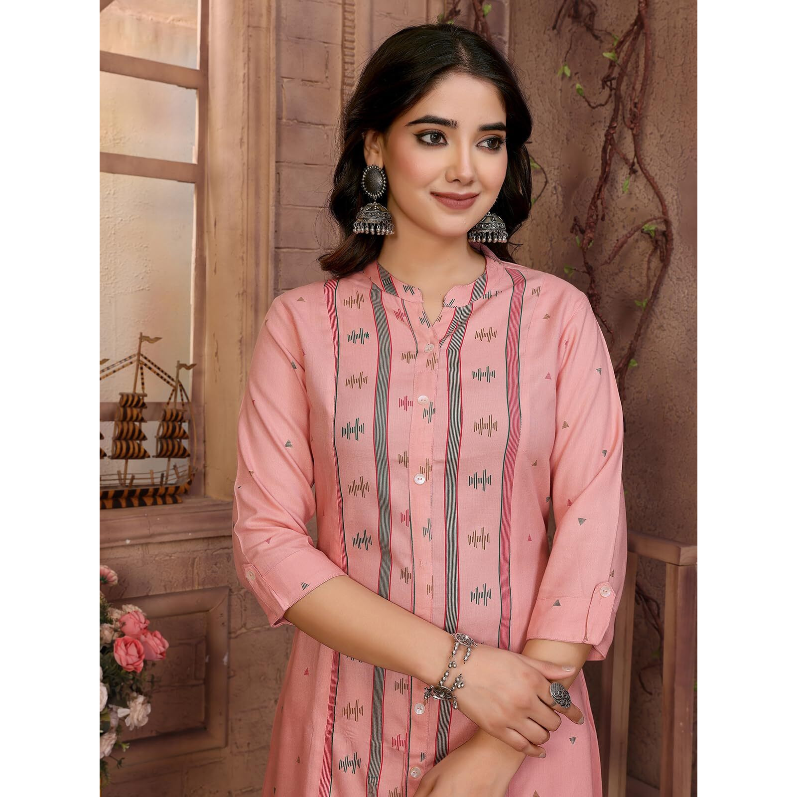 Rangita Pink Rayon Calf Length Printed A-Line Kurti | Kurta For Women_L