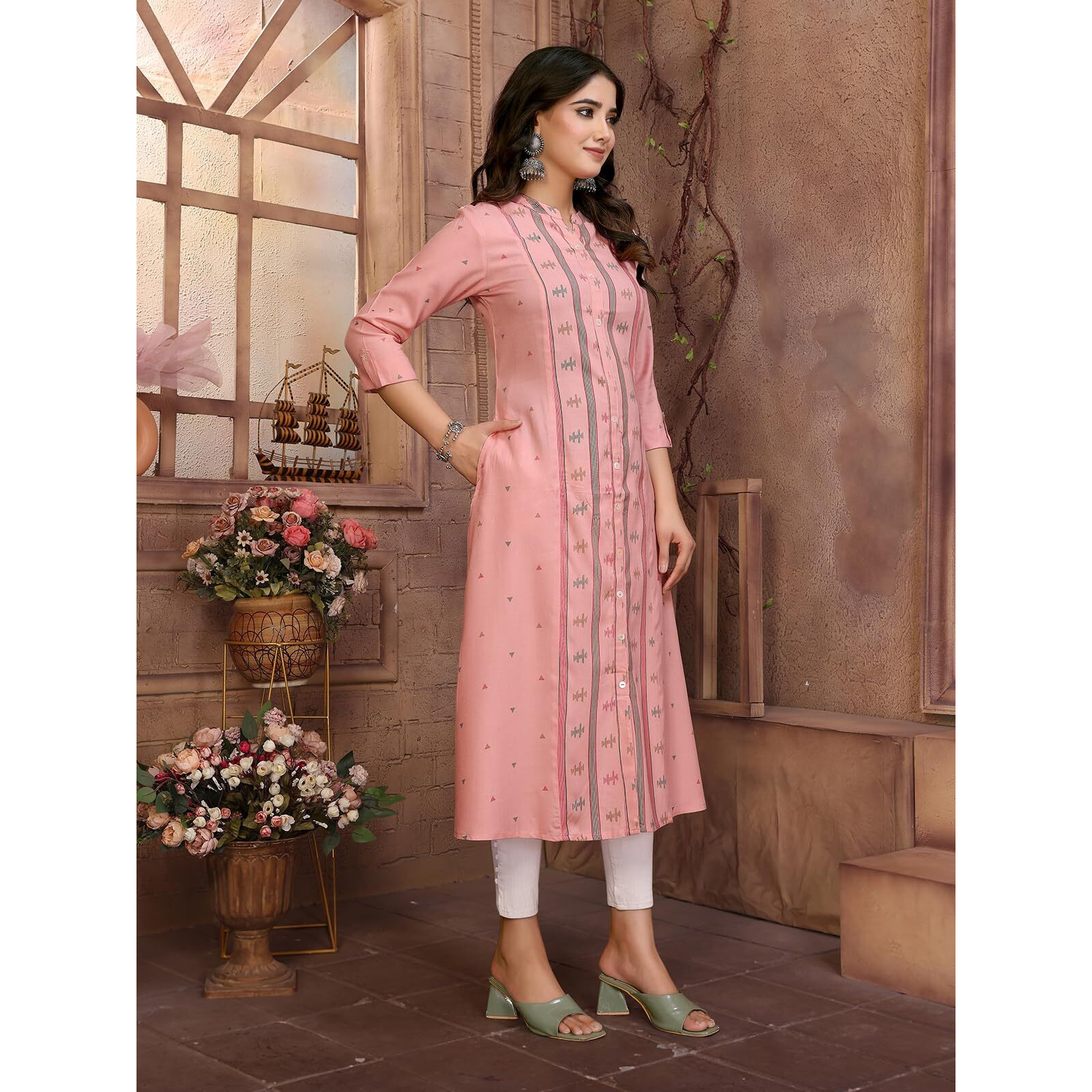 Rangita Pink Rayon Calf Length Printed A-Line Kurti | Kurta For Women_L