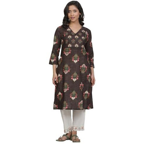 W For Woman Brown Floral Print Cotton Straight Kurta_24Few11016-123351_S
