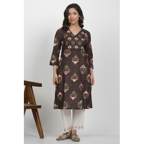 W For Woman Brown Floral Print Cotton Straight Kurta_24Few11016-123351_S
