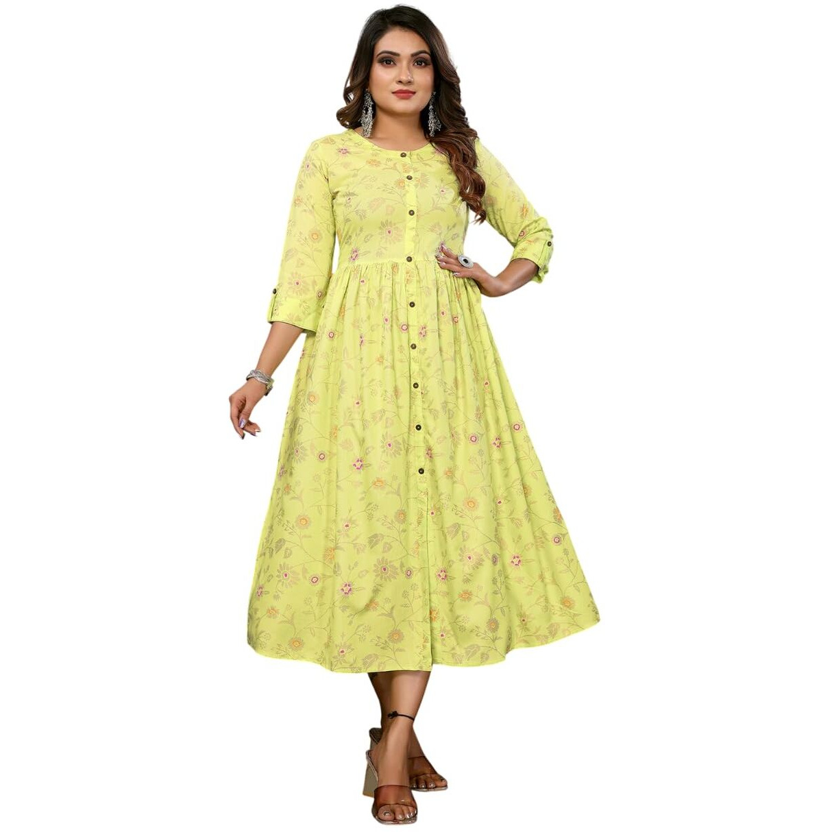 Rangita Women Lime Green Rayon Printed Calf Length Flared Dress_M