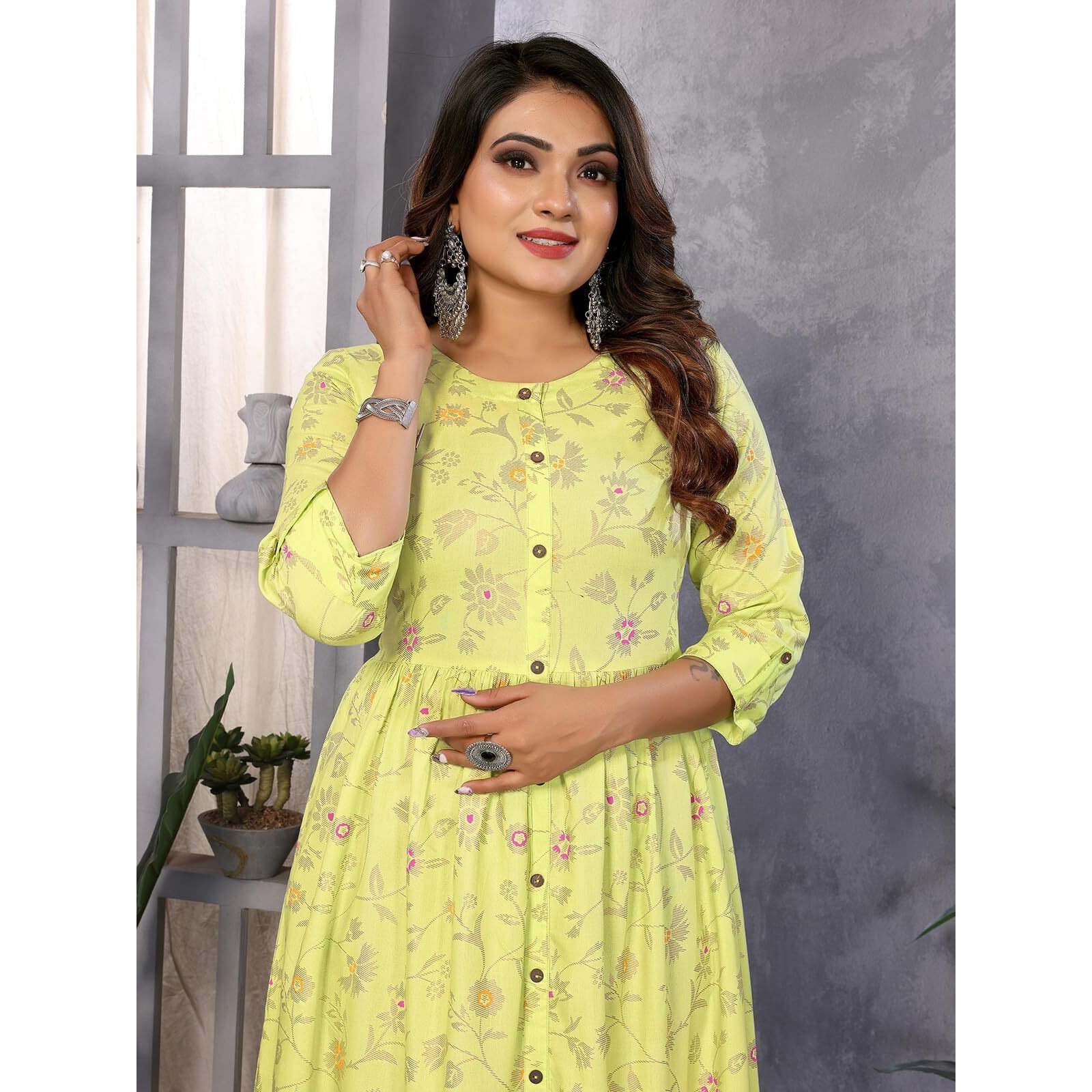 Rangita Women Lime Green Rayon Printed Calf Length Flared Dress_M
