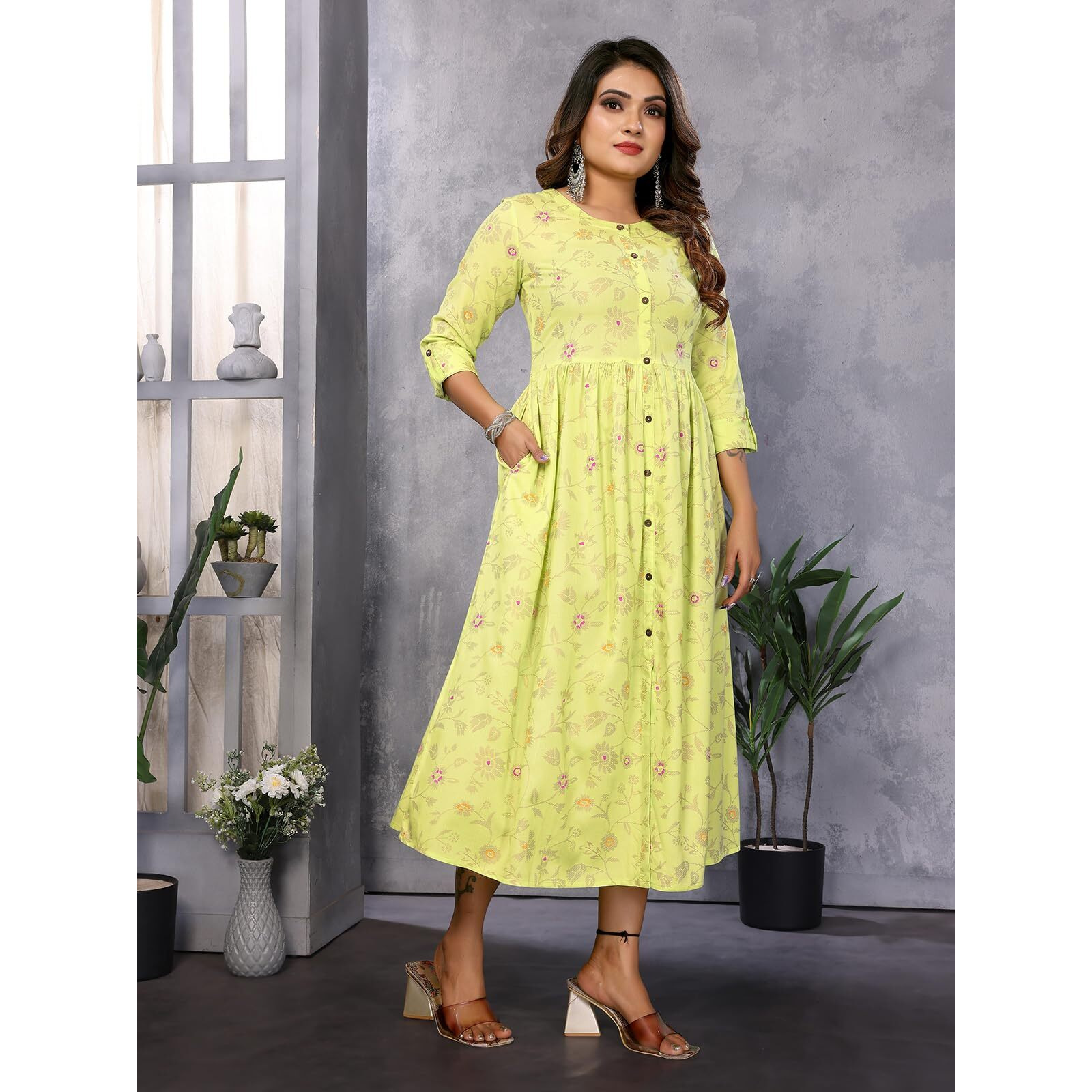 Rangita Women Lime Green Rayon Printed Calf Length Flared Dress_M