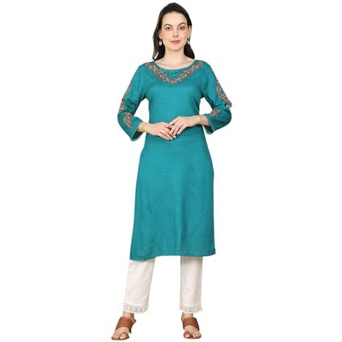 W For Woman Teal Thread Embroidered Neck Textured Dobby Straight Kurta_24Few11021-222025_Xs
