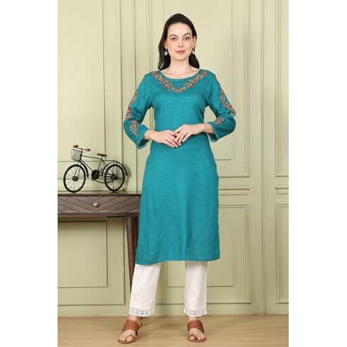 W For Woman Teal Thread Embroidered Neck Textured Dobby Straight Kurta_24Few11021-222025_Xs