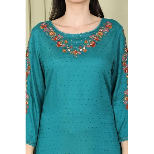 W For Woman Teal Thread Embroidered Neck Textured Dobby Straight Kurta_24Few11021-222025_Xs
