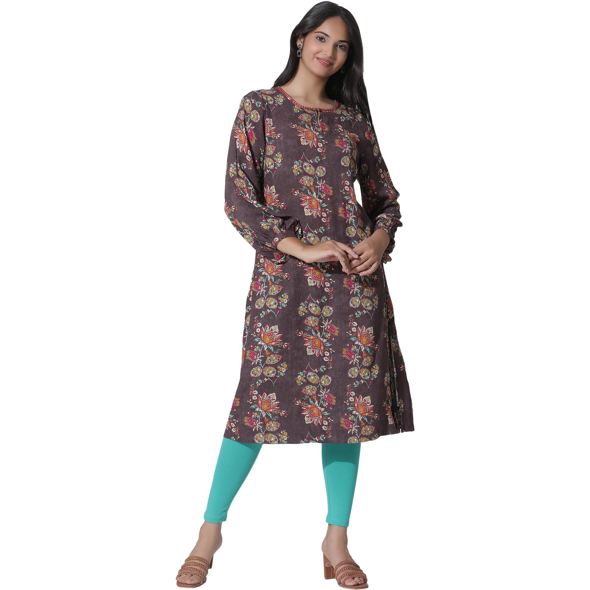 W For Woman Dark Brown Floral Printed Straight Kurta_24Few11024-124125_M