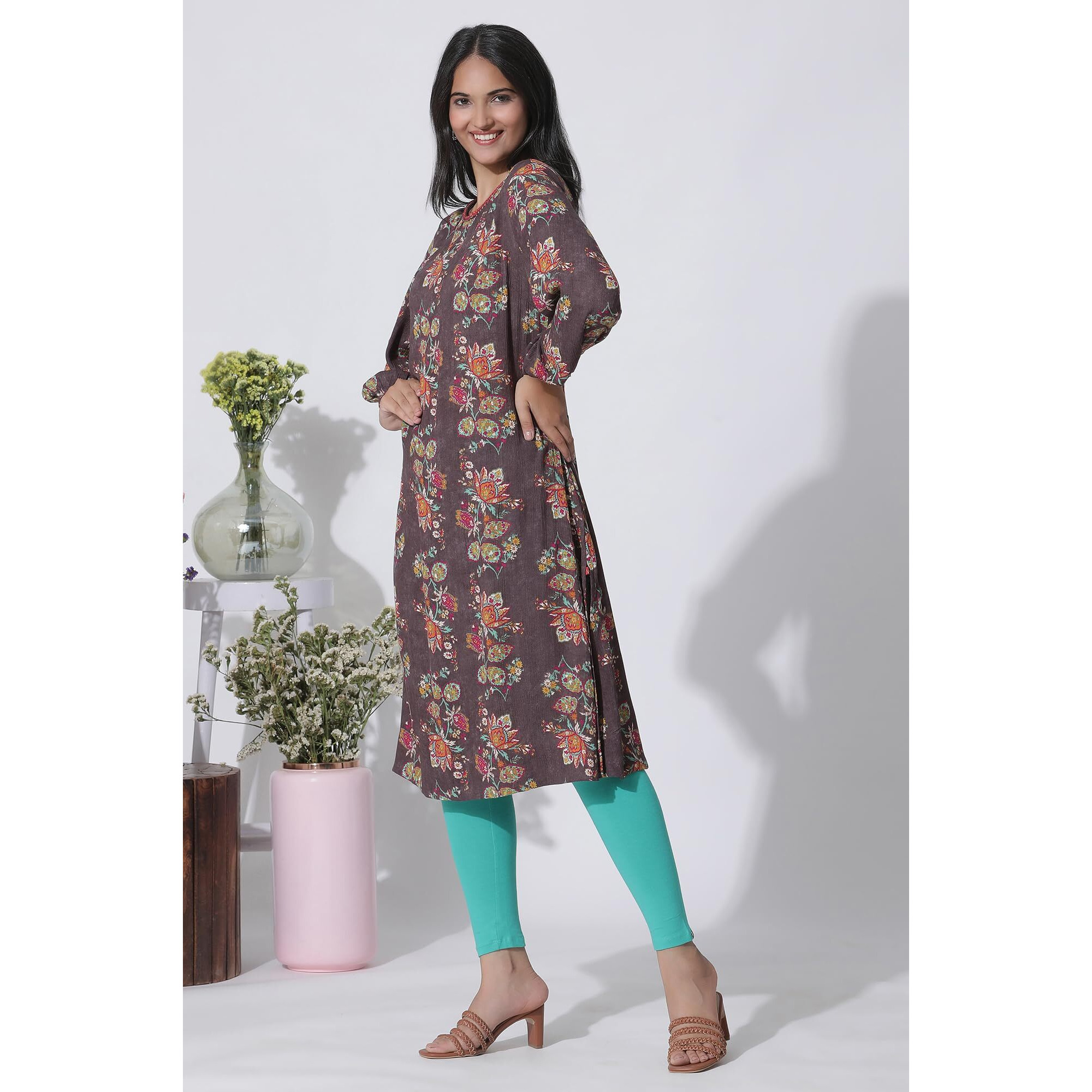 W For Woman Dark Brown Floral Printed Straight Kurta_24Few11024-124125_M