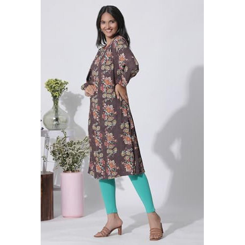 W For Woman Dark Brown Floral Printed Straight Kurta_24Few11024-124125_Xl