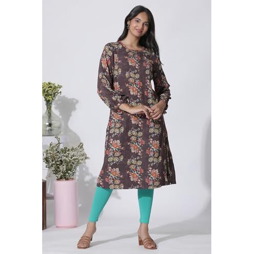W For Woman Dark Brown Floral Printed Straight Kurta_24Few11024-124125_S