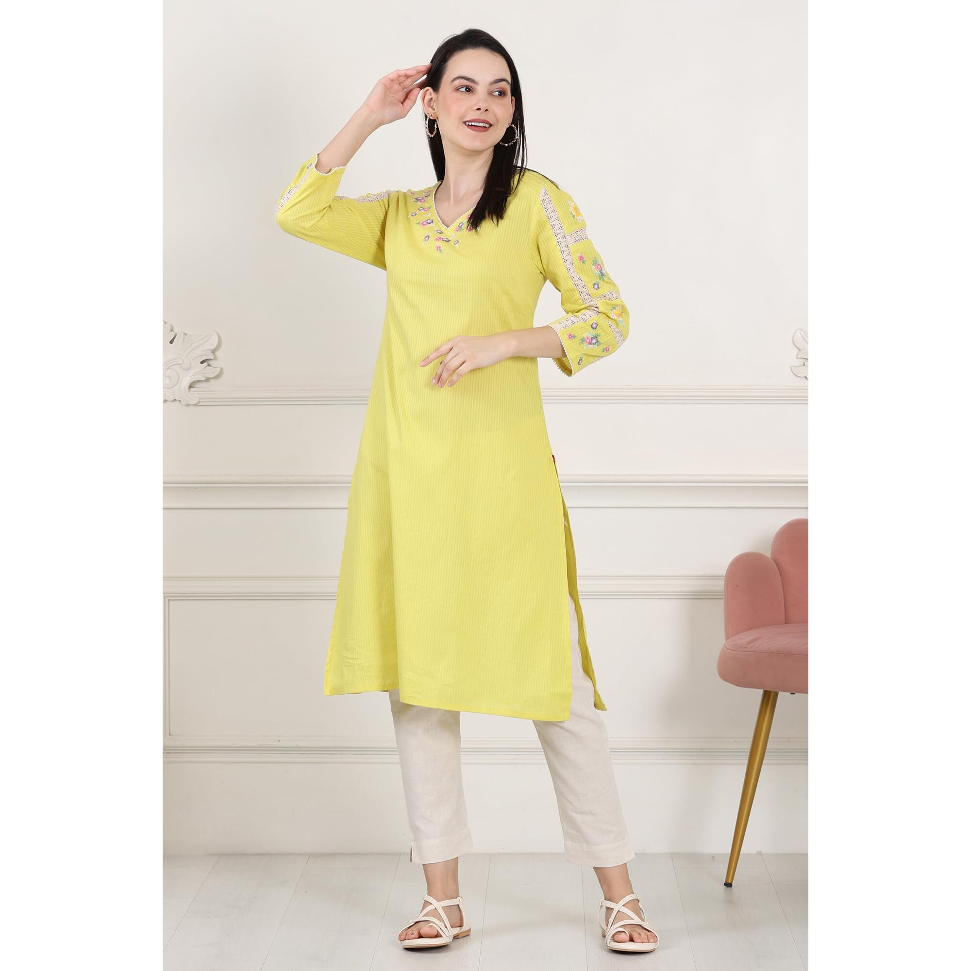 W For Woman Lemon Yellow Floral Thread Embroidered Pure Cotton Straight Kurta_24Few11279-222050_3Xl