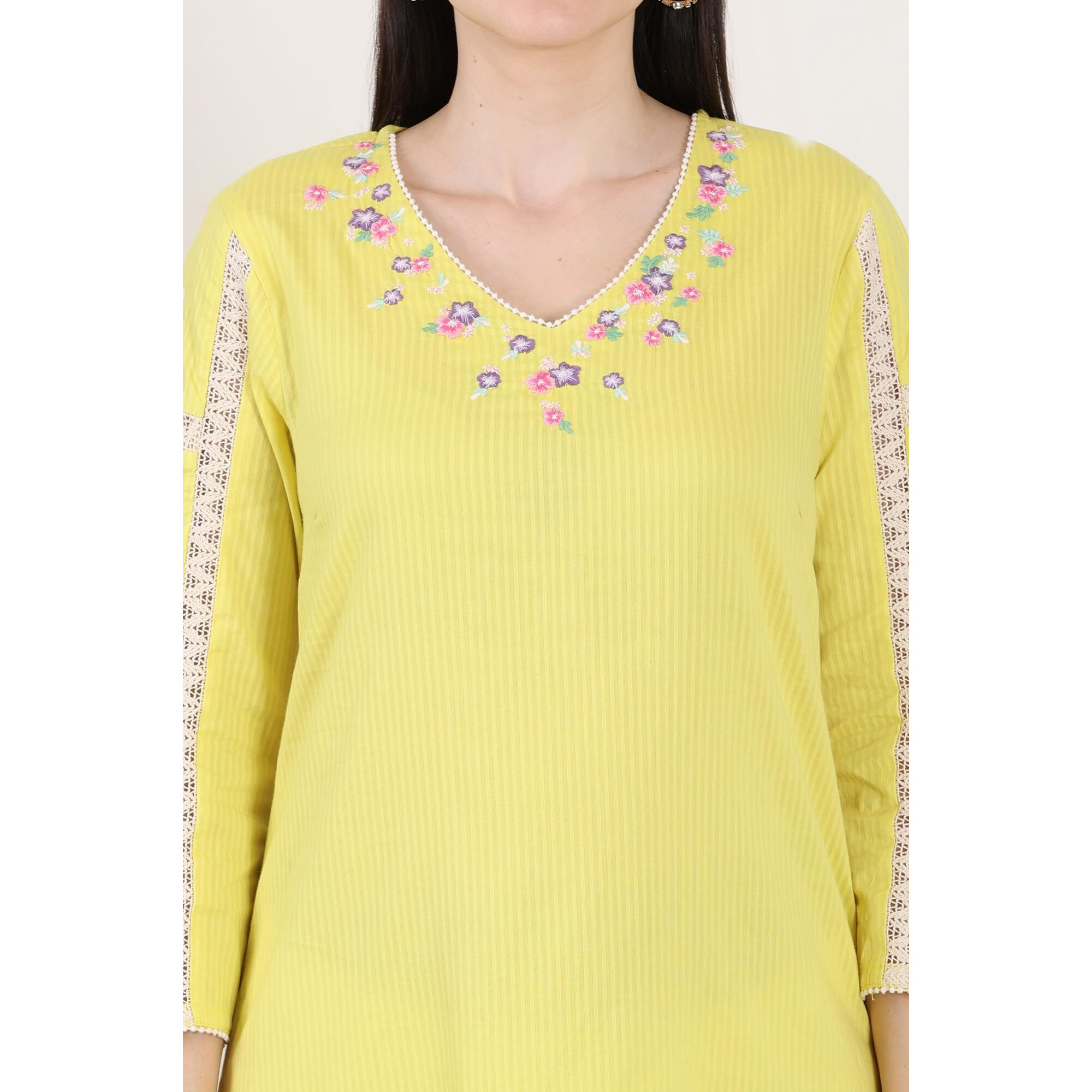 W For Woman Lemon Yellow Floral Thread Embroidered Pure Cotton Straight Kurta_24Few11279-222050_3Xl