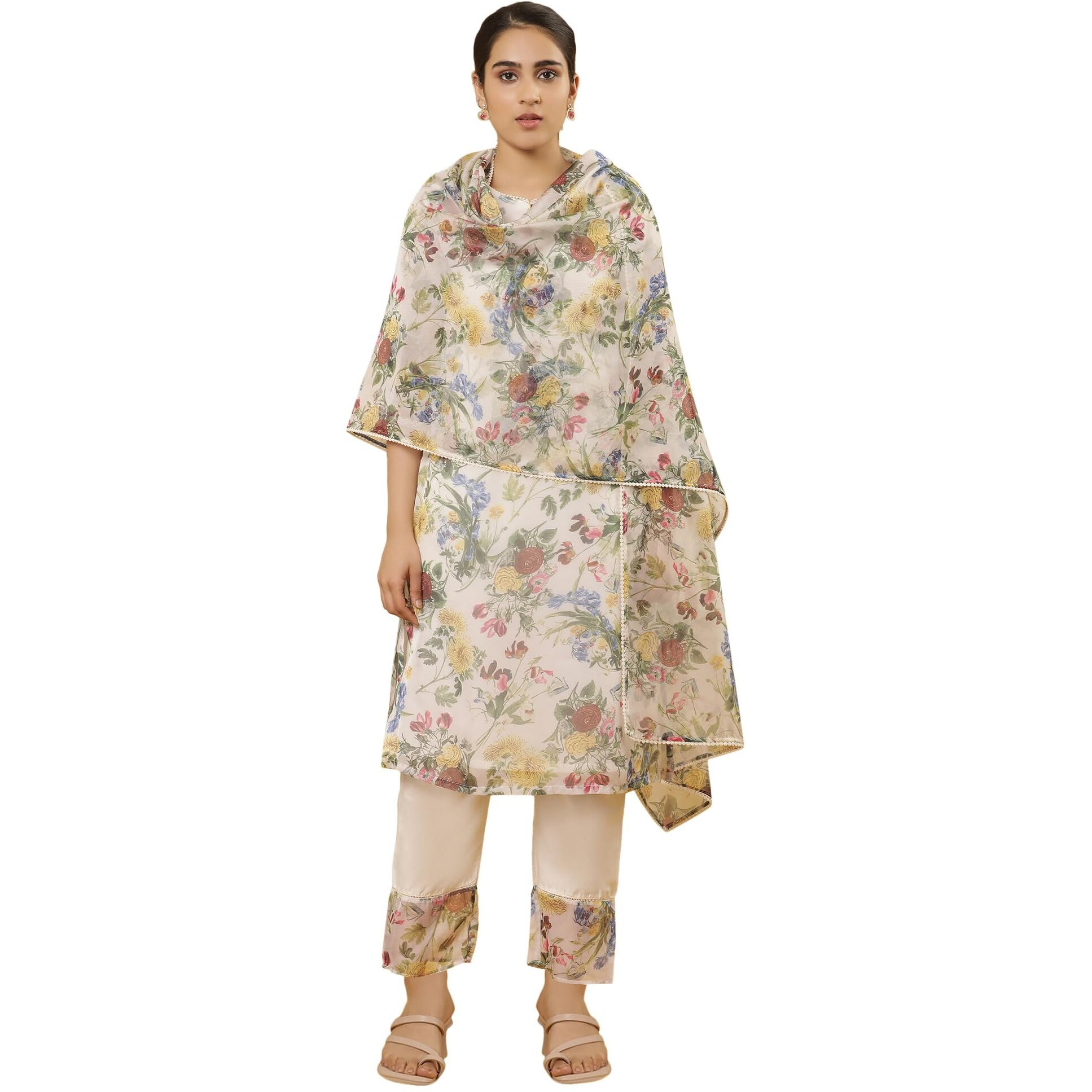 W Women White Floral Print Organza Dupatta_24Few82245-123296